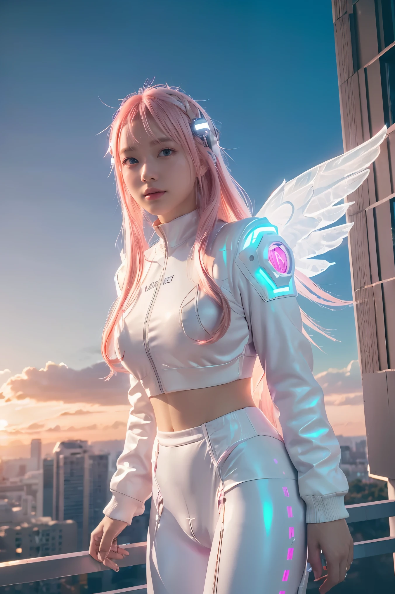 ((masterpiece, best quality, extremely detailed), volumetric lighting, ambient occlusion, colorful, glowing), 
1girl, solo, young girl, (pink hair), long hair, halo, aura, sacred, godness, cyber suit, (white outfit:1.3), android, bot, angel wings,
outdoors, sunset, sky, clouds, space, (cyberpunk theme:1.2),