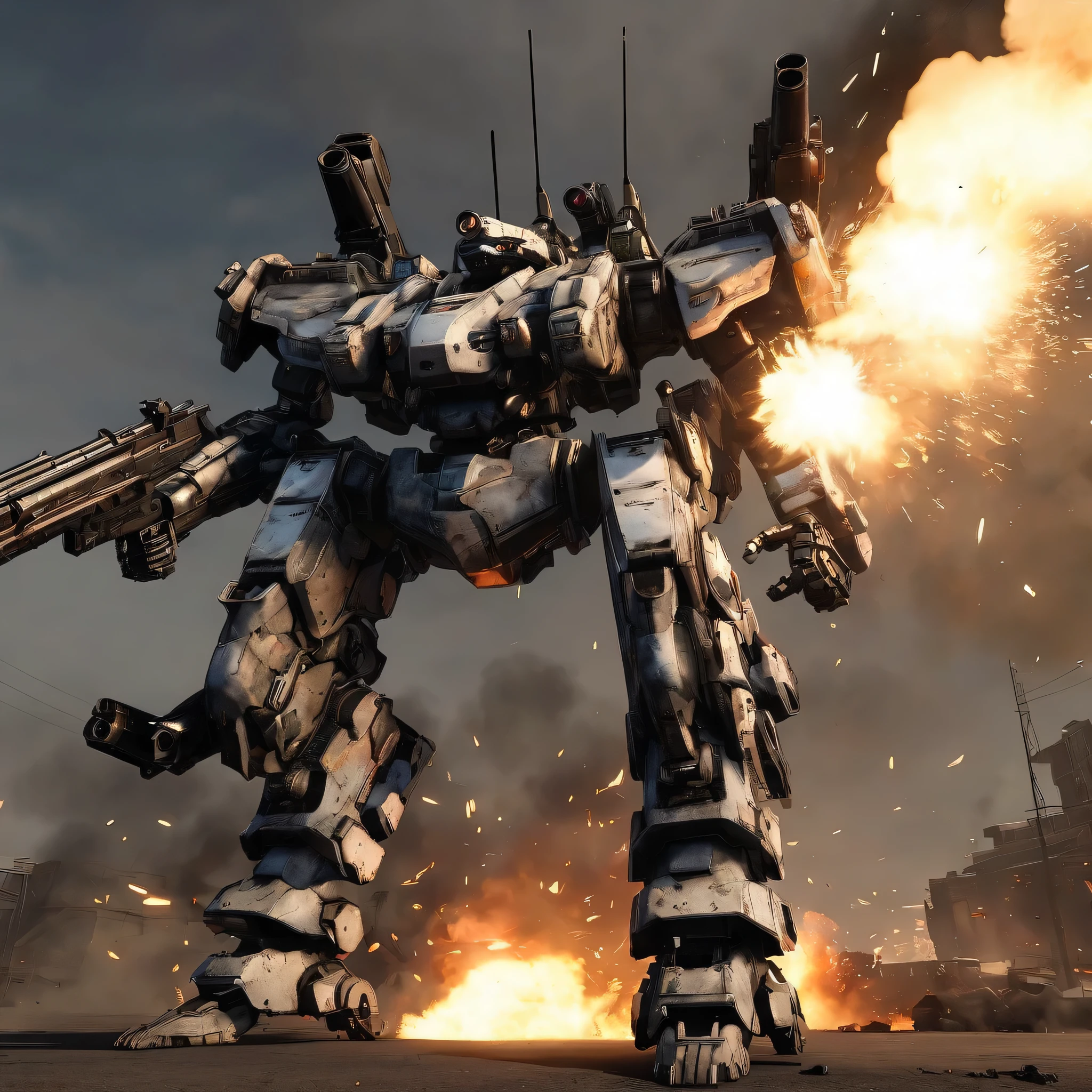 huge robot, standing on warfield, fire, smoke, explosion, rifle, gun shooting, missile, game cg, armoredcore style,