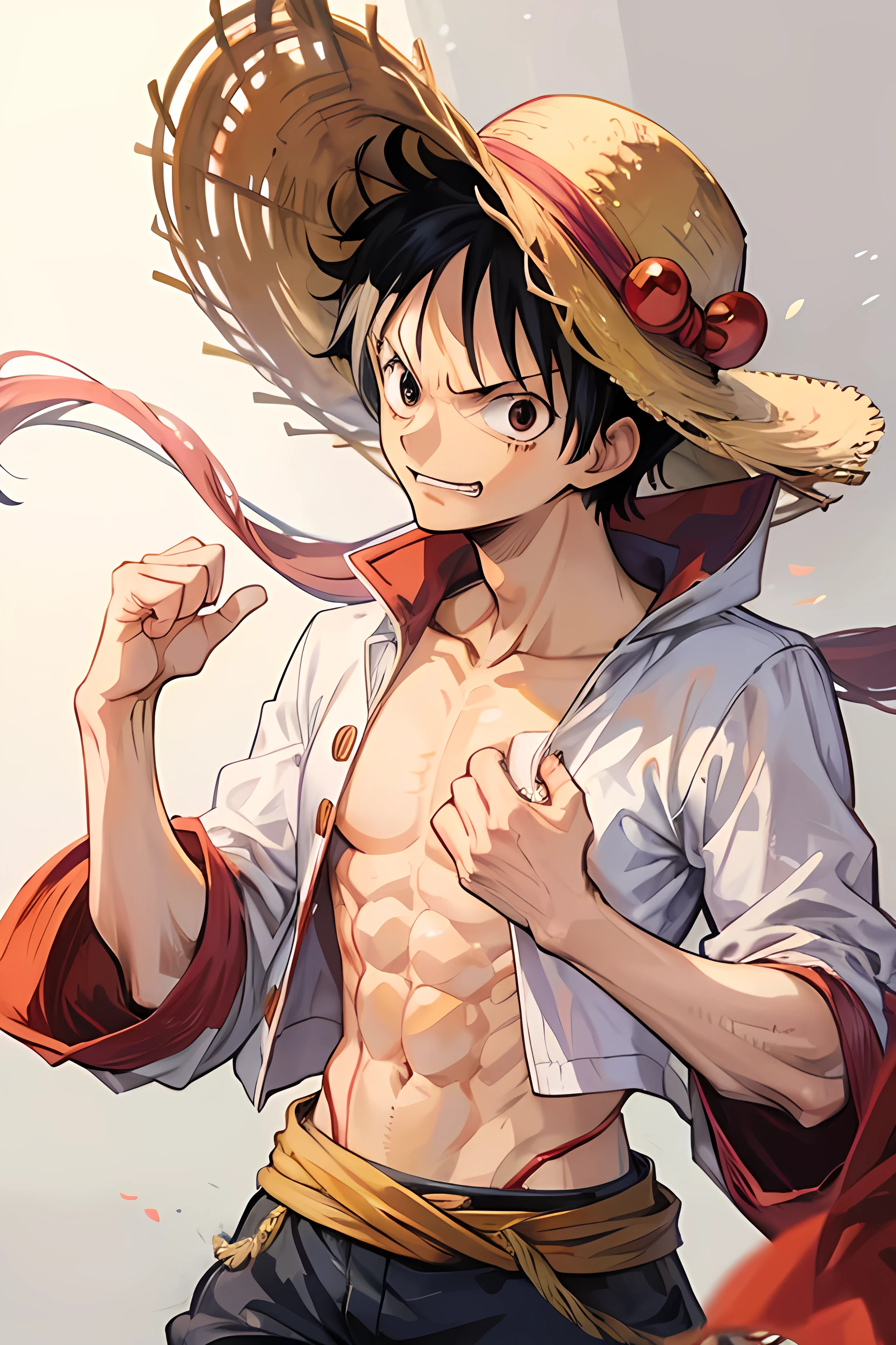 Luffy from one piece, anime style, muscular, wearing a straw hat, hand holding hat, angry mode, grasping hands ready to fight