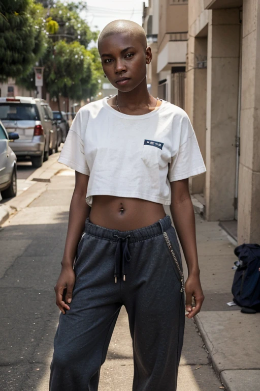 african girl, on the streets of Los Angeles, eye contact with viewer, shaved head, buzzcut dyed blonde, baggy t-shirt, shirt covering stomach, baggy sweatpants, hands in pant-pockets, posing