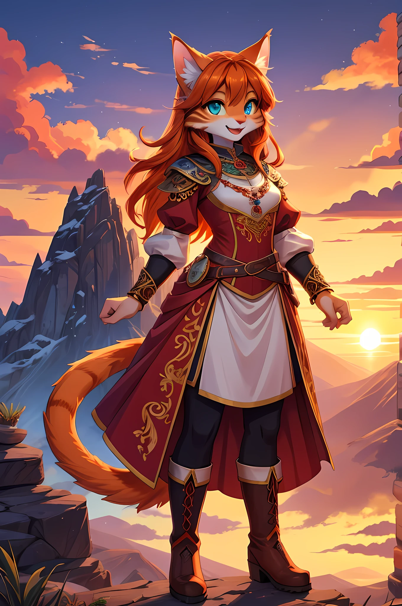close up portrait, zoomed in image, solo character, facing viewer, looking at viewer, bright colors, fantasy style art, looking at viewer, facing viewer, beautiful anthropomorphic female cat, mature and young, tall character, 5 feet 11 inches tall, teal eyes, orange and white skin, long wavy bright orange hair, shapely body, skinny body, healthy body, orange and white furry cat skin, long fluffy cat tail, modest clothes, chaste, large bust, correct anatomy, correct tail, purple and red warrior outfit, ornate red clothes, fancy purple patterns and symbols, 2 red dress coattails hanging down her sides, high brown leather boots, long draping red sleeves, smiling, joyful expression, happy, open mouth, big expressive smile, wide eyes, standing on top of a mountain, at the mountain peak, sunset, brilliant cloudy sky, sunset lighting up the clouds, high quality digital art, 2k, professional illustration, highly detailed