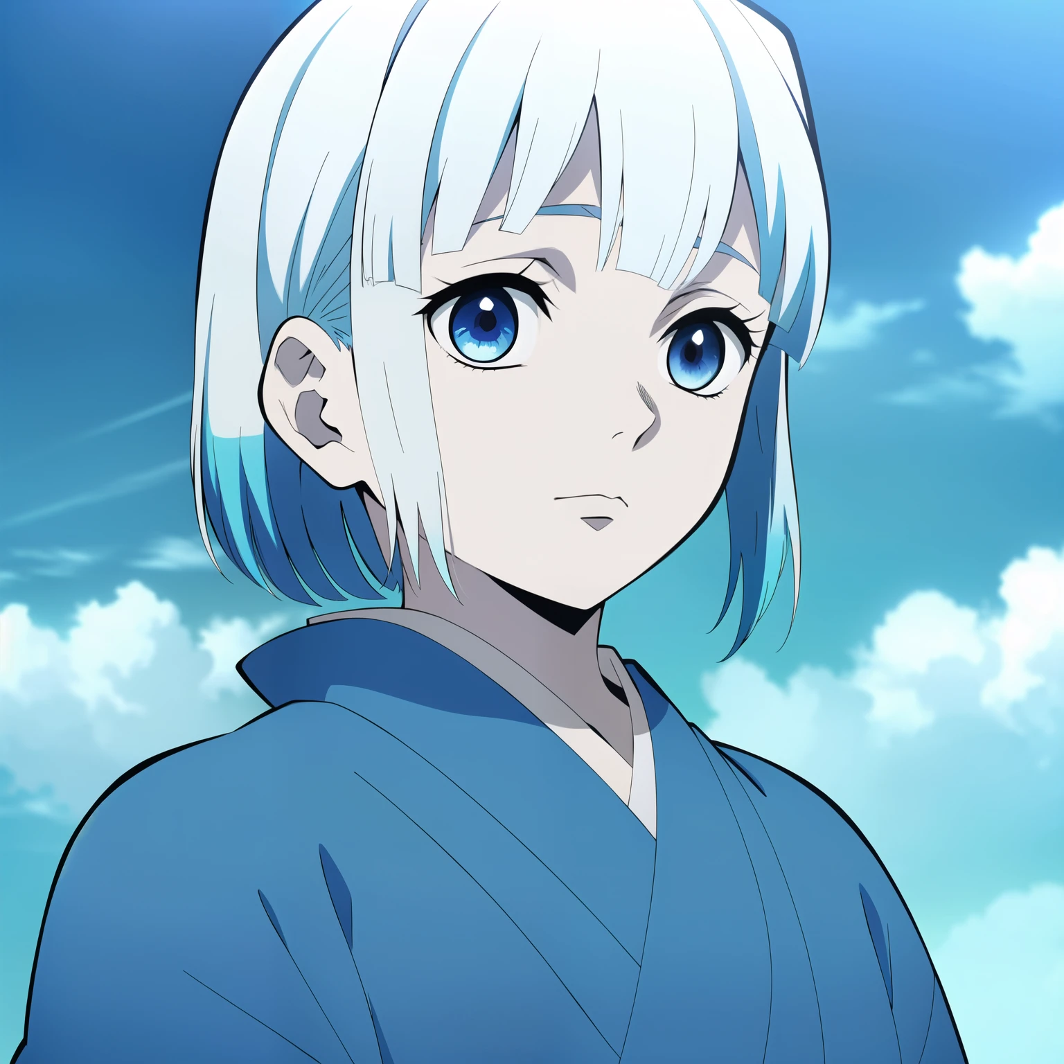 (masterpiece:1.3), (best quality:1.3), official art, super detailed, (solo), high detail, Soft Lighting, 16K, high Resolution, high detail skin, perfect skin, RAM Photo, Real Photo, pale skin, (sky blue gradient kimono with white droplet patterns:1.1), (1boy), extremely detailed CG unity 8k wallpaper, ultra detailed, (short hair), (bob-cut hair), (bob-cut ponytail), (two colored hair), (black hair), (sky-blue hair highlights), young-adult, looking directly at viewer, demon slayer rui fanart, inspired by Okumura Masanobu, anime moe artstyle, 2d anime style, cel - shaded art style, in an anime style, as an anime character, tsuaii, inspired by Awataguchi Takamitsu, inspired by Okumura Togyu, (anime screencap)