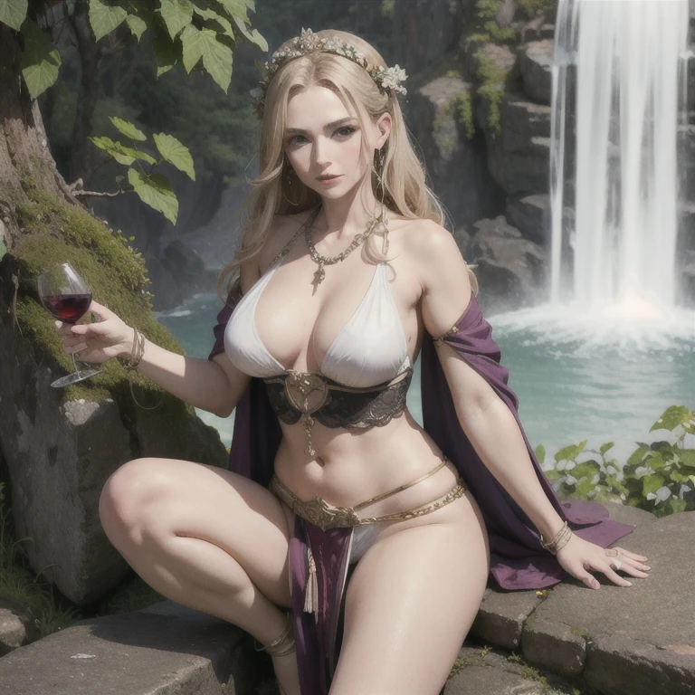 Goddess Aphrodite, bunches of grapes in her hair, narrow loincloth, Mount Olympus, waterfall of wine