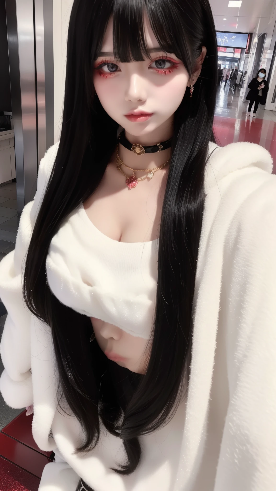 highest quality、8k、32k、masterpiece、Hmph:1.2)、One Girl、Long Hair Girl、Beautiful Japanese Woman、Black-haired、Heavy bangs、Long sleeve shirt、Hair length、Fluffy white sweater、Accentuate your breasts、D Cup,choker、(Mega Big Tits), (jirai makeup, jirai girl, Red Glitter eye makeup)、City of night、bustling street、