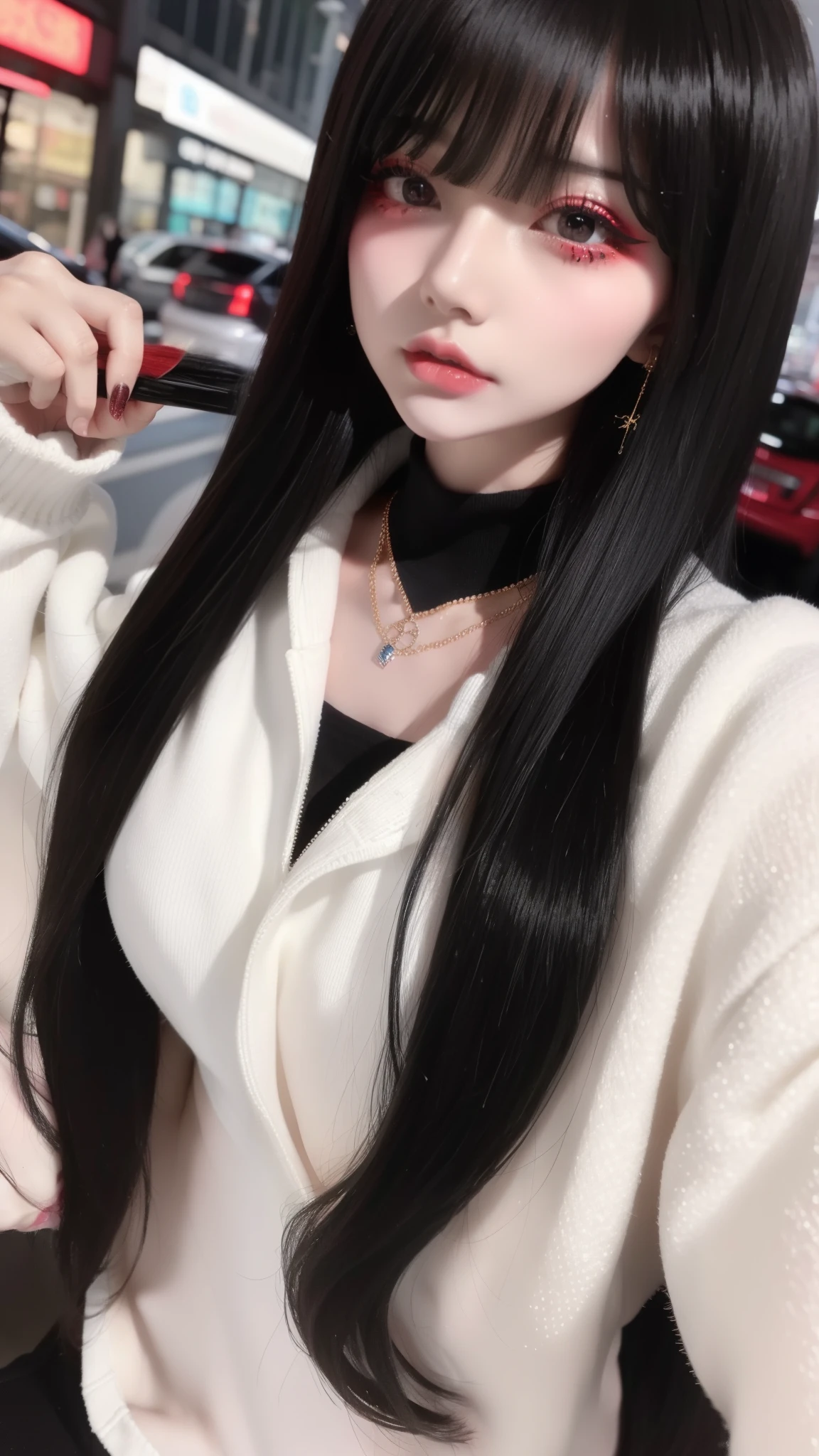 highest quality、8k、32k、masterpiece、Hmph:1.2)、One Girl、Long Hair Girl、Beautiful Japanese Woman、Black-haired、Heavy bangs、Long sleeve shirt、Hair length、Fluffy white sweater、Accentuate your breasts、D Cup,choker、(Mega Big Tits), (jirai makeup, jirai girl, Red Glitter eye makeup)、City of night、bustling street、