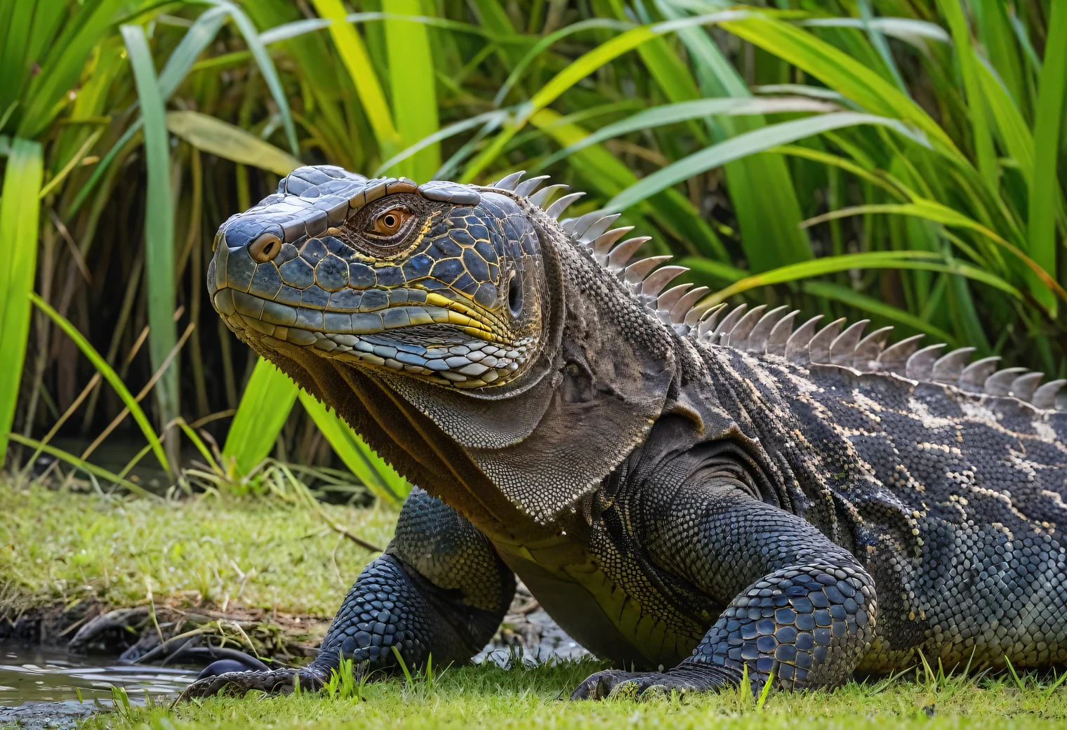 Wildlife photography was taken with a Nikon Z 6II camera with a Nikon NIKKOR Z 24-120mm lens, a rare shot of Varanus komodoensis looking into the water on a grassy lake shore, ((full body)), 35 mm., f/3, 1/25 sec., ISO 120, shooting distance 5 meters, upper angle