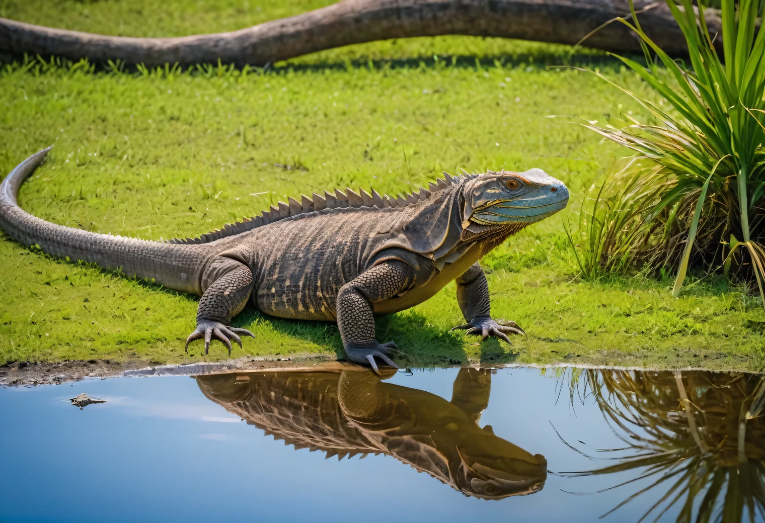 Wildlife photography was taken with a Nikon Z 6II camera with a Nikon NIKKOR Z 24-120mm lens, a rare shot of Varanus komodoensis looking into the water on a grassy lake shore, ((full body)), 35 mm., f/3, 1/25 sec., ISO 120, shooting distance 5 meters, upper angle