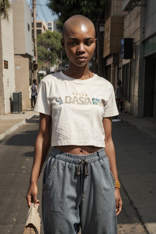 african girl, on the streets of Los Angeles, eye contact with viewer, shaved head, buzzcut dyed blonde, baggy t-shirt, shirt length down to waist baggy sweatpants, hands in pant-pockets, posing