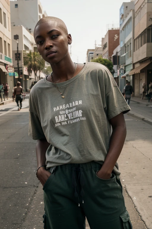 african girl, on the streets of Los Angeles, eye contact with viewer, shaved head, buzzcut dyed blonde, baggy t-shirt, shirt length down to waist baggy sweatpants, hands in pant-pockets, posing