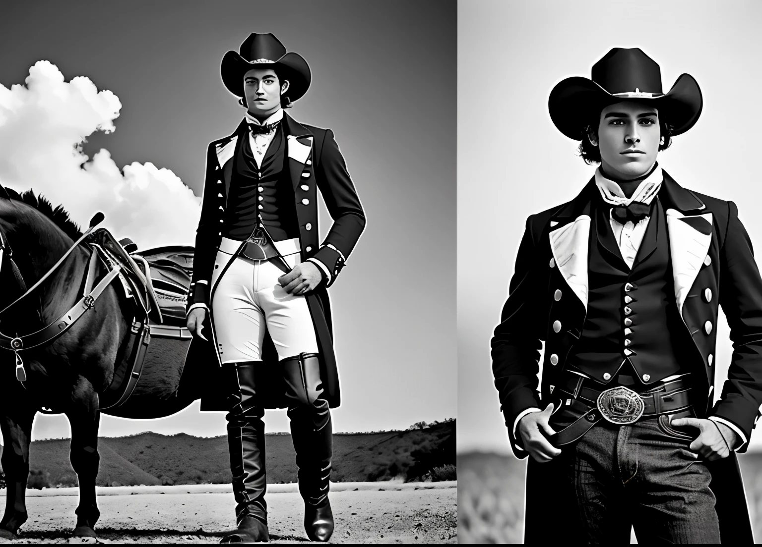 A photographic style character twist of a flamboyant young man fleeing the French Revolution to 1850s southern Mexico at the age of 29 and his black pancheron horse with a bow and a Tomahawk in the saddle, his clothes are a basic black shirt , rodeo pants cowboy hat ,a black and white checkered scarf wrapped around the neck a dark overcoat leather boots with silver spurs a revolver belt with two revolvers on the waist and a whip with a burn scar on the left arm going up to the neck. Multiple views of the same character with the same clothes