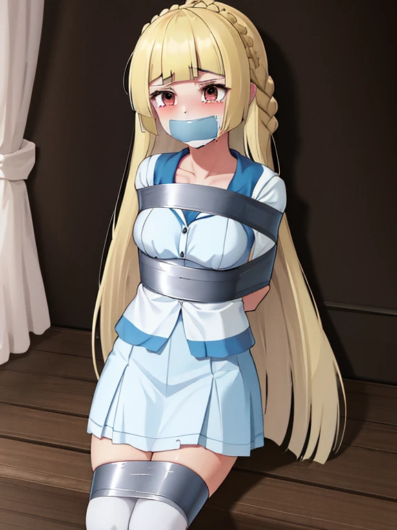 masterpiece, absurdres, 1girl, Lillie, length hair, floating hair, blonde hair,Bound, Bondage, (arms behind back:1.4), BDSM, tape, TAPE BONDAGE, close-up, srestrained, best anatomy, Curled up, scared face, crying, shout, Upper body, humiliation, desperate, (front), (men touching her), touching hair, pov hand pulling her hair up