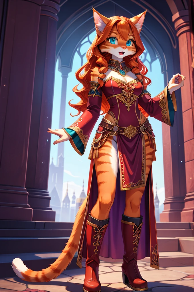 close up portrait, zoomed in image, solo character, bright colors, fantasy style art, looking at herself in surprise, facing viewer, beautiful anthropomorphic female cat, mature and young, tall character, 5 feet 11 inches tall, teal eyes, orange and white cat fur, long wavy bright orange hair, shapely body, skinny body, healthy body, orange and white furry cat skin, long fluffy cat tail, skimpy outfit, large bust, skinny waist and hips, skinny curvy hips, correct anatomy, purple and red warrior outfit, ornate red clothes, fancy purple patterns and symbols, 2 red dress coattails hanging down her sides, high brown leather boots, long draping red sleeves, surprised, open mouth, curious expression, wide eyes, standing in a purple stone temple, high quality digital art, 2k, professional illustration, highly detailed