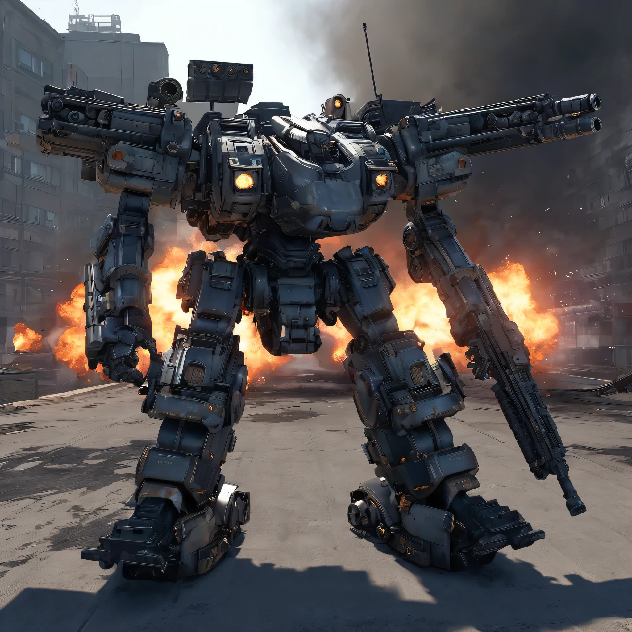 huge robot, standing on warfield, fire, smoke, explosion, rifle, gun shooting, canon, game cg, armoredcore style,