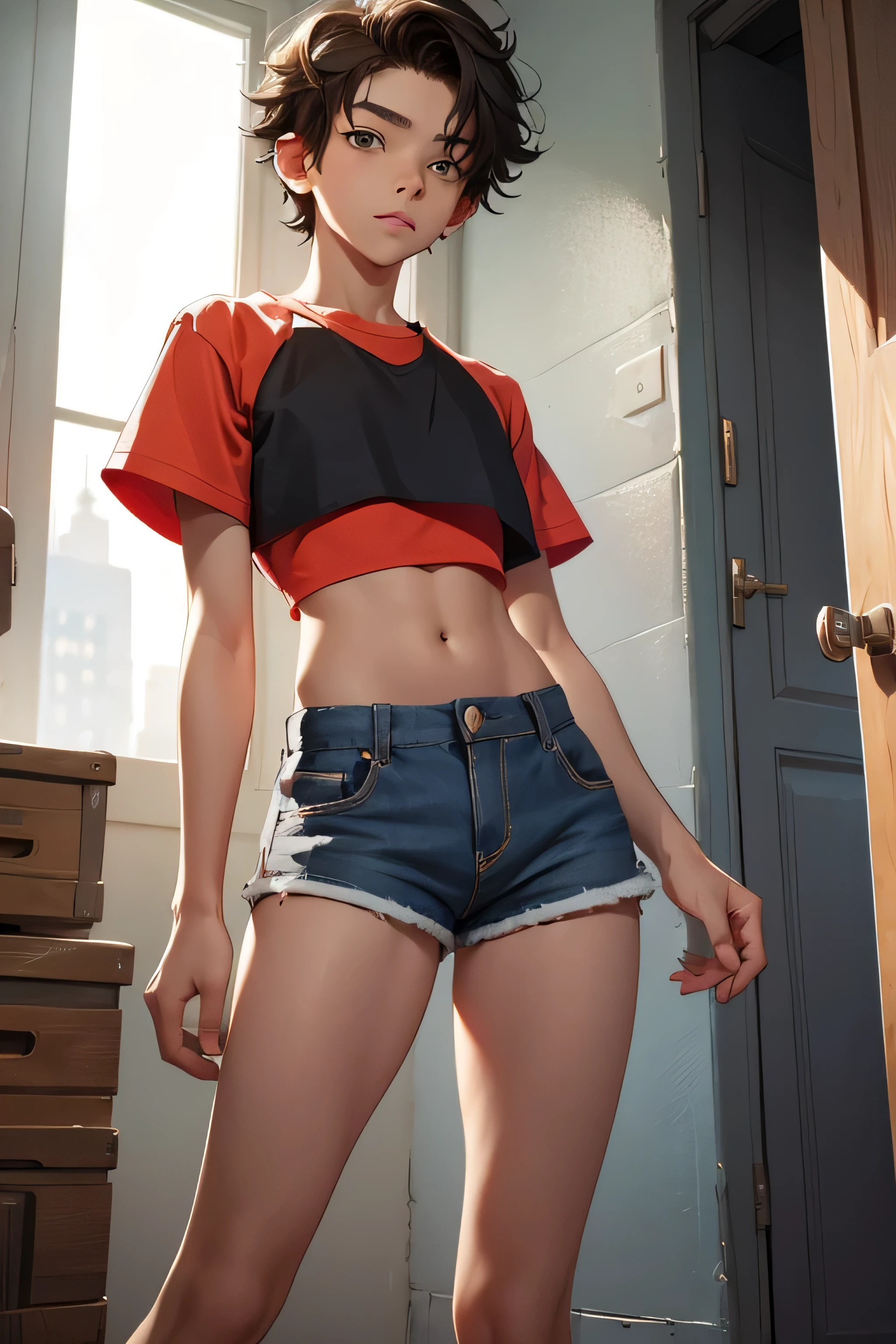 Teen boy ************, boy wears a crop top and too very short shorts,