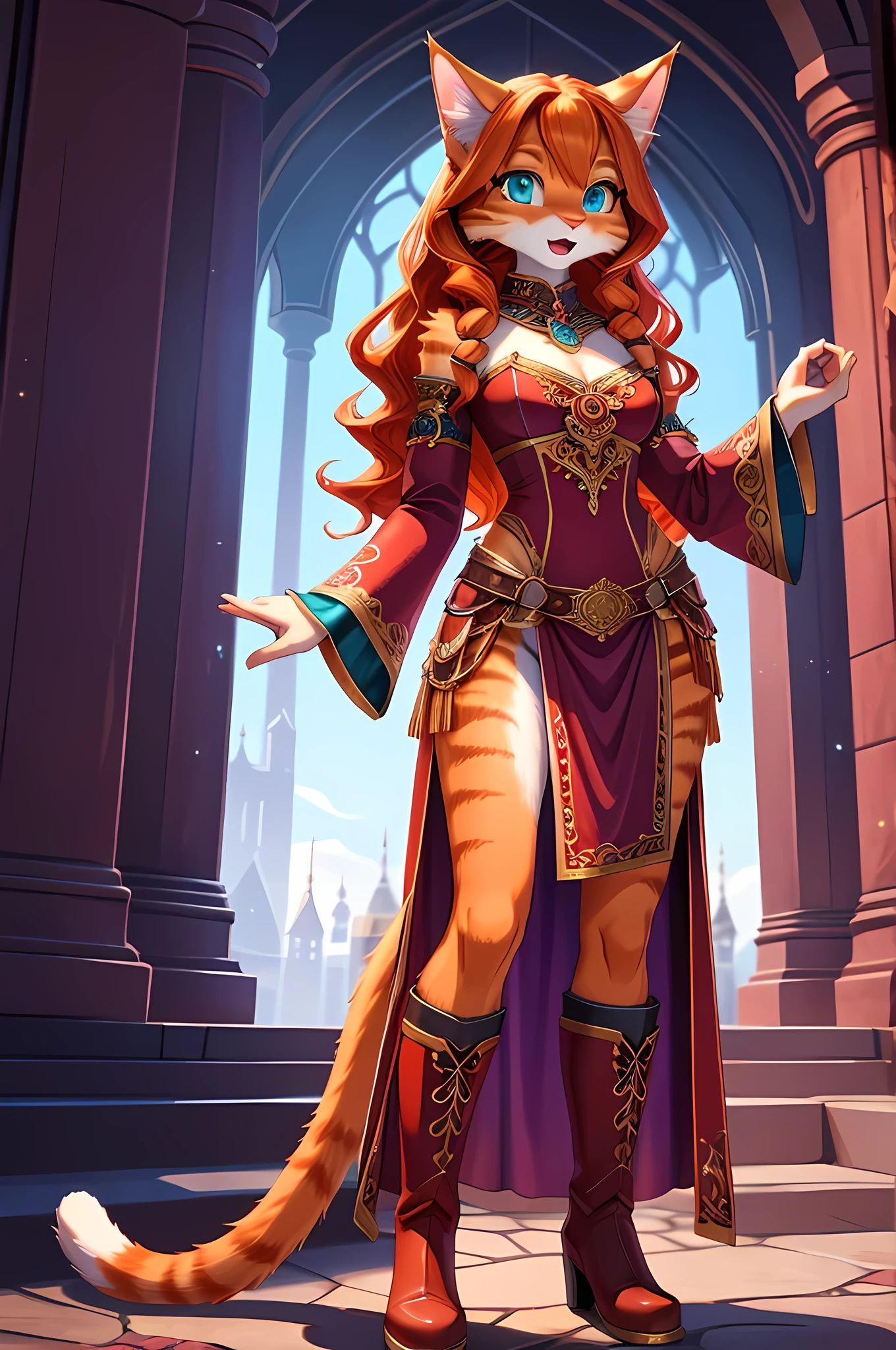 close up portrait, zoomed in image, solo character, bright colors, fantasy style art, looking at herself in surprise, facing viewer, beautiful anthropomorphic female cat, mature and young, tall character, 5 feet 11 inches tall, teal eyes, orange and white cat fur, long wavy bright orange hair, shapely body, skinny body, healthy body, orange and white furry cat skin, long fluffy cat tail, skimpy outfit, large bust, skinny waist and hips, skinny curvy hips, correct anatomy, purple and red warrior outfit, ornate red clothes, fancy purple patterns and symbols, 2 red dress coattails hanging down her sides, high brown leather boots, long draping red sleeves, surprised, open mouth, curious expression, wide eyes, standing in a purple stone temple, high quality digital art, 2k, professional illustration, highly detailed