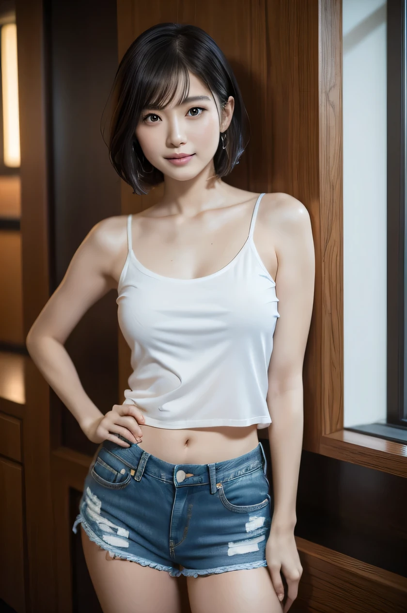 The beauty of 8K raw photos:2.0, Japanese woman, short hair, beautiful face and dark eyes, looking down, looking at the viewer:1.5, big smile, wet hair, tiny top, put hand on the hip, (denim shorts:1.2), shinny skin, realistic:1.9, very detailed, full body shot:1.2, High resolution RAW color photos, professional photos, Taken at the studio, girl sexy portrait