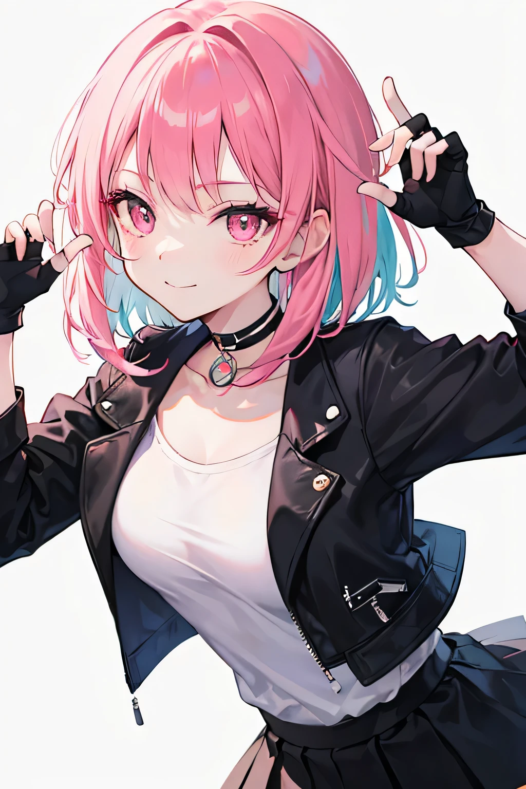 1girl, solo, one_eye_closed, pink_hair, smile, gloves, shirt, white_shirt, looking_at_viewer, bangs, closed_mouth, black_gloves, white_background, long_sleeves, simple_background, pink_eyes, jacket, choker, partially_fingerless_gloves, black_skirt, breasts, multicolored_eyes, ;), medium_hair, skirt, black_choker, fingerless_gloves