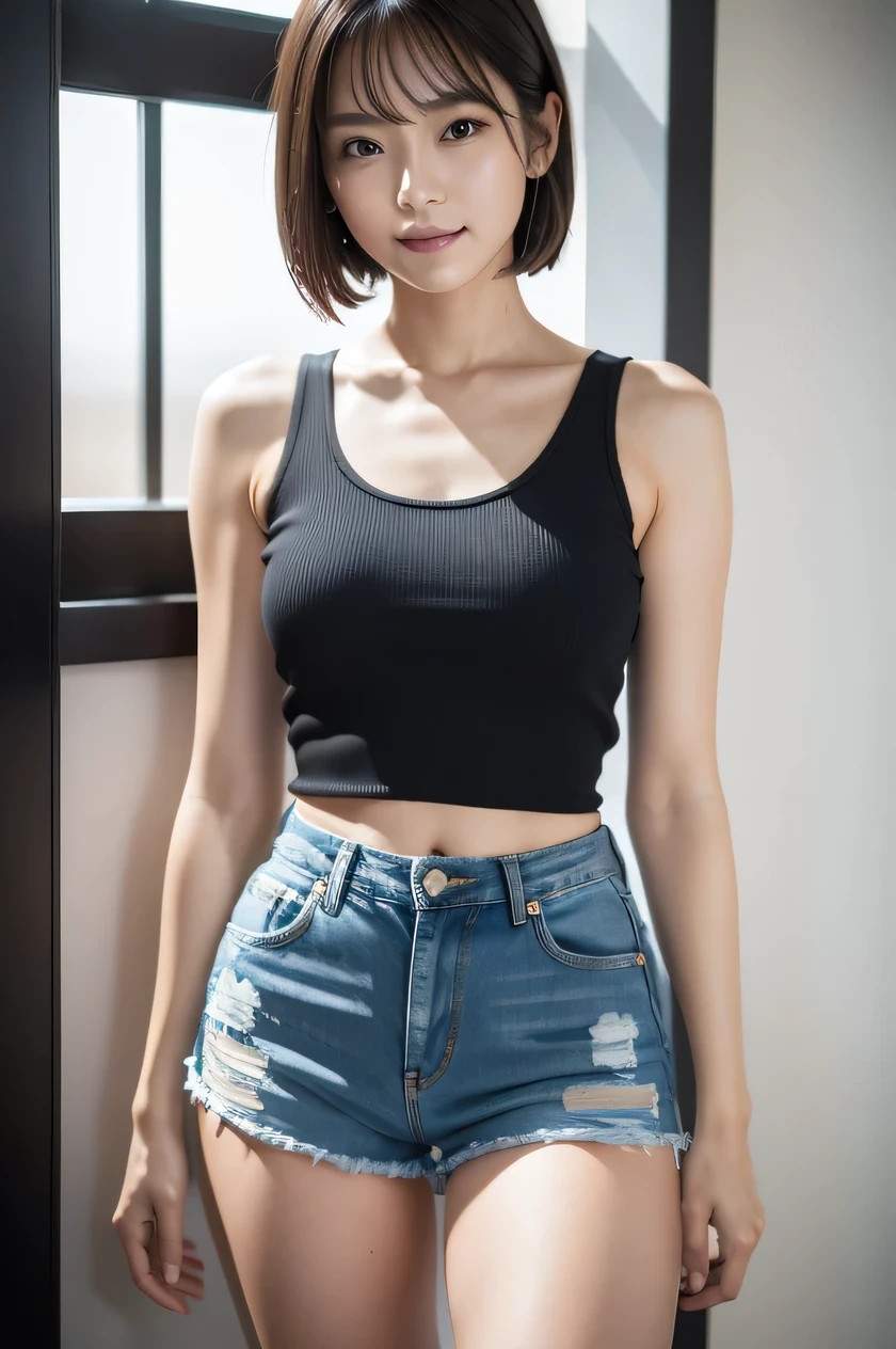 The beauty of 8K raw photos:2.0, Japanese woman, short hair, beautiful face and dark eyes, looking down, looking at the viewer:1.5, big smile, wet hair, tiny top, put hand on the hip, (tank top, denim shorts:1.2), shinny skin, realistic:1.9, very detailed, full body shot:1.2, High resolution RAW color photos, professional photos, Taken at the studio, girl sexy portrait