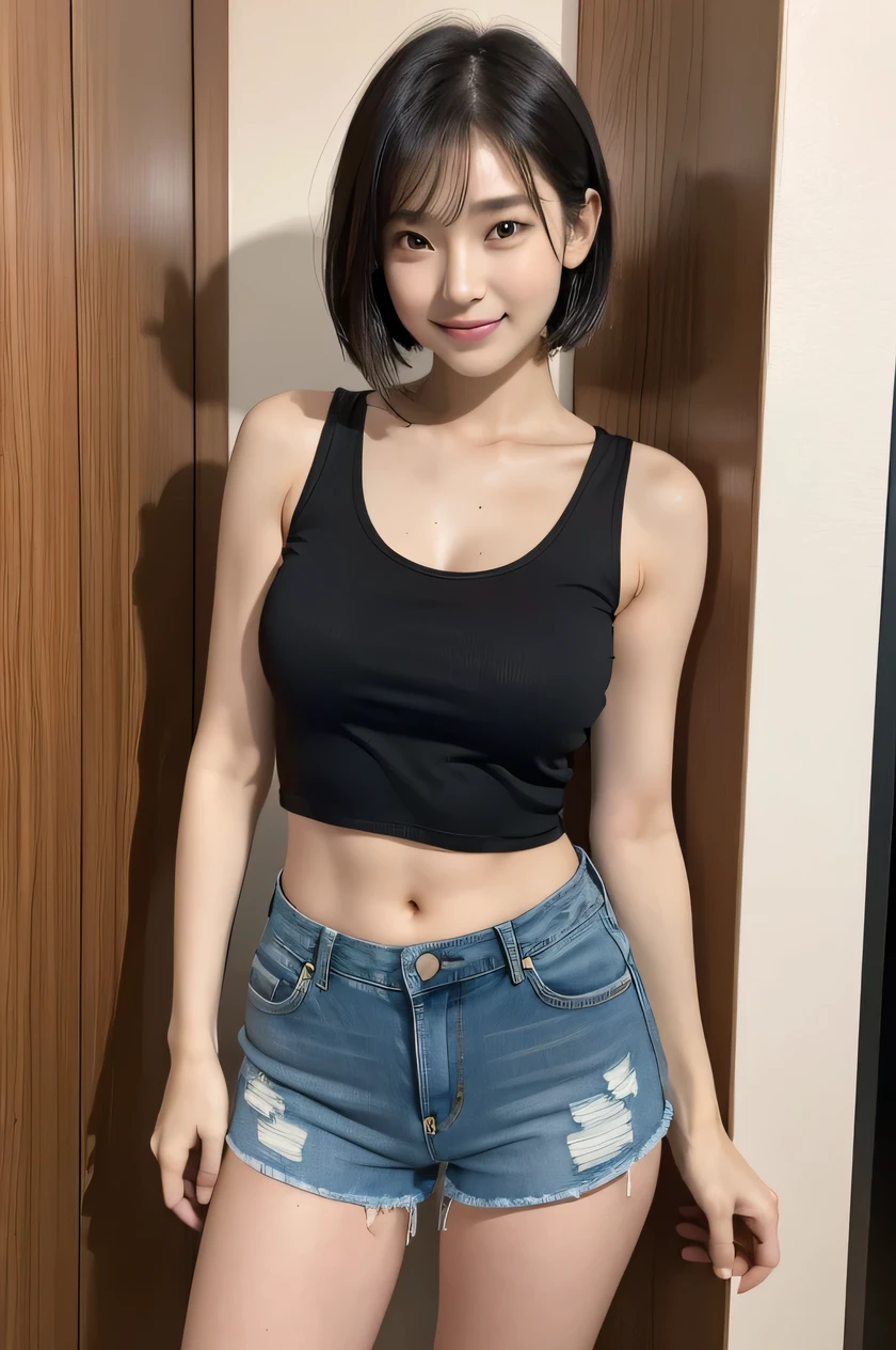 The beauty of 8K raw photos:2.0, Japanese woman, short hair, beautiful face and dark eyes, looking down, looking at the viewer:1.5, big smile, wet hair, tiny top, put hand on the hip, (tank top, denim shorts:1.2), shinny skin, realistic:1.9, very detailed, full body shot:1.2, High resolution RAW color photos, professional photos, Taken at the studio, girl sexy portrait