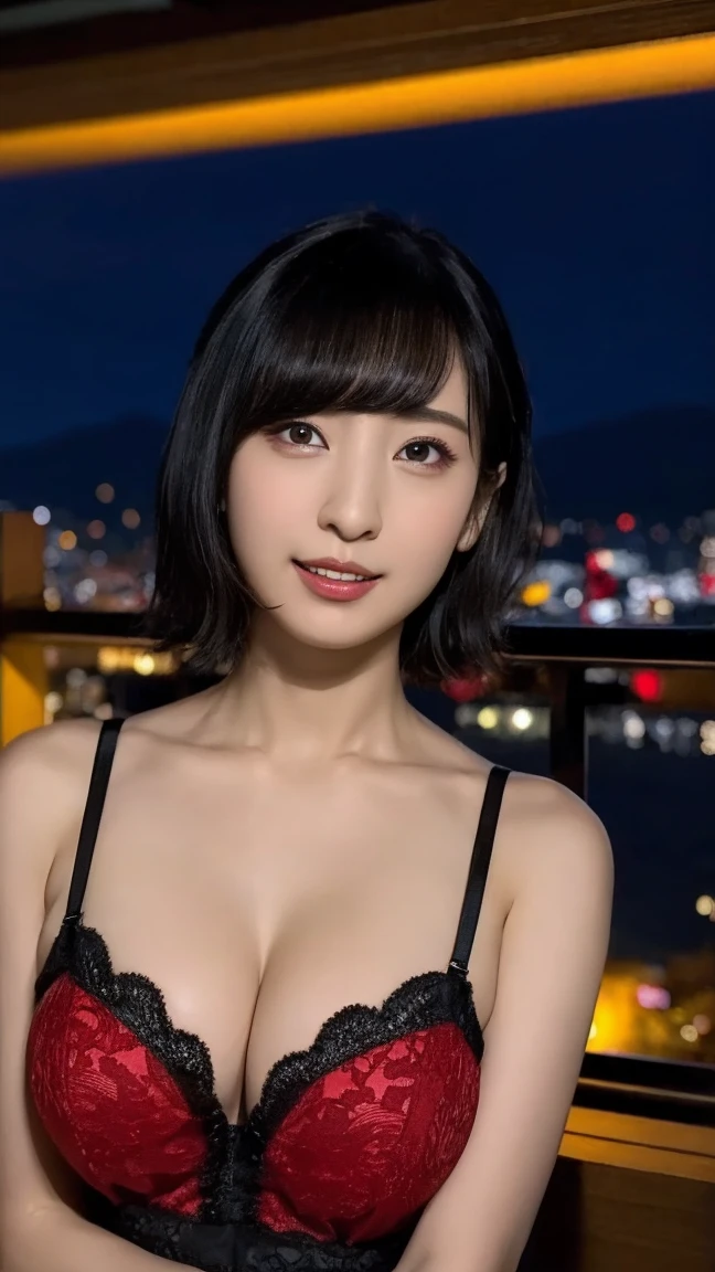 20 years, 8k, RAW Portrait (Japanese Girls), photo Realistic, Ultra-high resolution, highest quality, Actual photo , dramatic, atmosphere, (At night :1.3), Realistic,
One girl, a very beautiful Japanese Girls, Glamorous shot of a girl, Textured skin, (smile:0.7), (Grin:0.7), short hair, Pale skin, lips,
Big and beautiful eyes, Black Hair, Beautifully detailed nose, Upper Body, Red erotic lingerie,Garter Stockings,Too much exposure