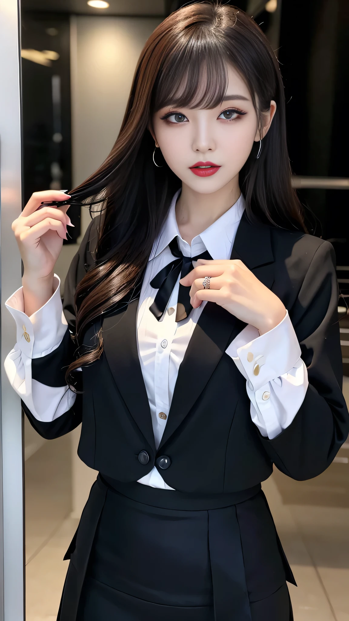 best quality、ultra-detailed、4k、Japanese、Seductive beauty、seductive adult woman、Pretty Woman、cool girl、Villainess、Brainwashed、brainwash、Fallen into evil、smirk、Evil look、Wicked Smile、evil、Brown hair、wavy hair、swept bangs、dark makeup、dark makeup、piercing eyes、hollow eyes,half-closed eyes、Hollow Eyes、purple Eyeshadow、black lipstick、black lipglos、office staff suit、suit、Jacket、White Shirt、Black Ribbon、Tight Skirt、pantyhose、night、inside darkroom、Applying lipstick、Emblem of Evil、Crest of Darkness、Swear allegiance、I have pledged my allegiance、Dye black、Blackening、Stained with evil、Dyed in darkness、Seduce