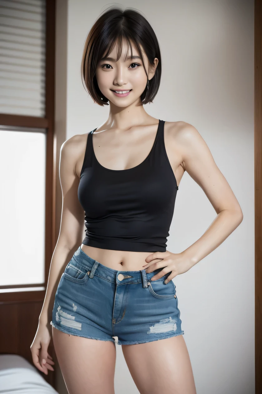 The beauty of 8K raw photos:2.0, Japanese woman, short hair, beautiful face and dark eyes, looking down, looking at the viewer:1.5, big smile, wet hair, tiny top, put hands on the hip, (tank top, denim shorts:1.2), shinny skin, realistic:1.9, very detailed, full body shot:1.2, High resolution RAW color photos, professional photos, Taken at the studio, girl sexy portrait