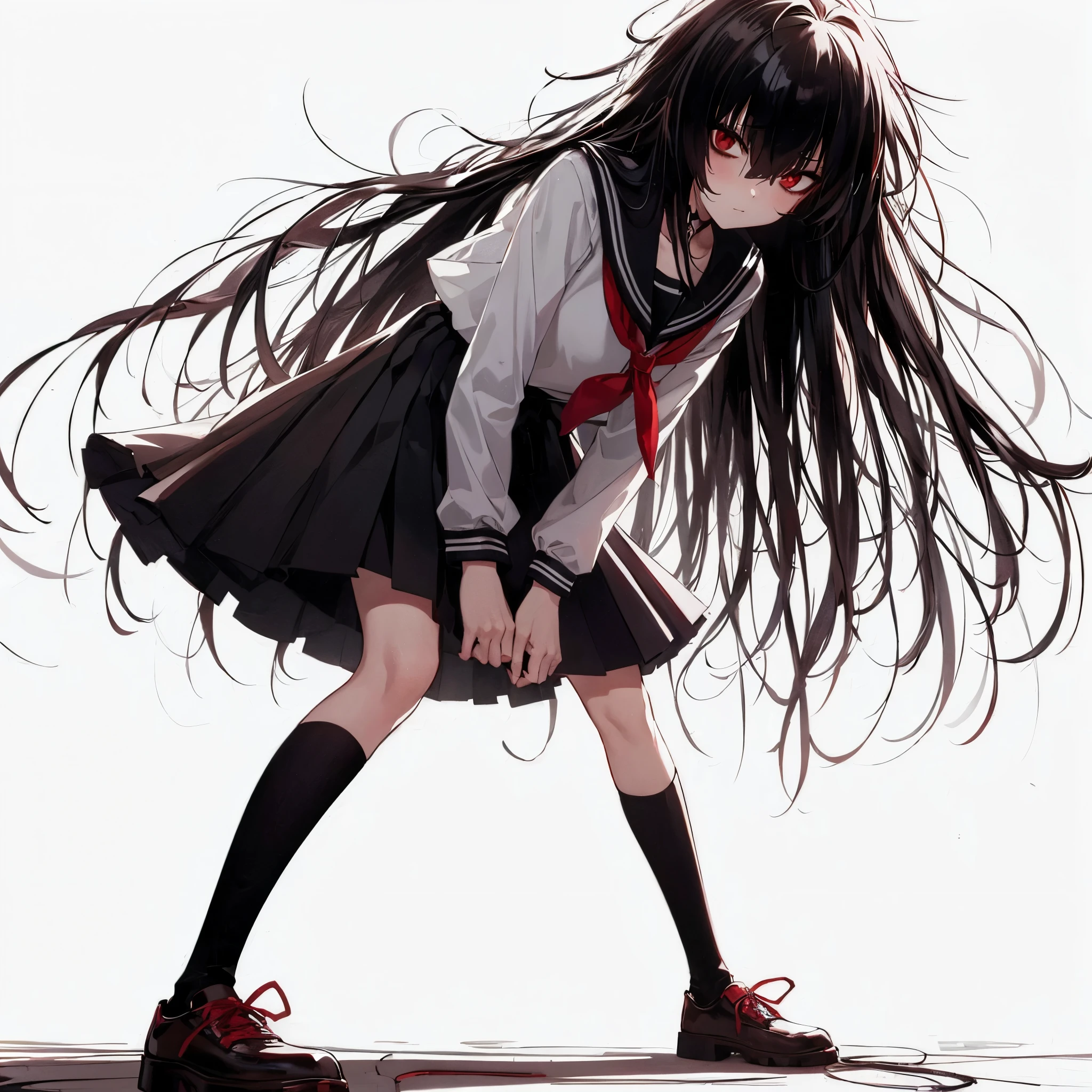 (masterpiece, Best Quality), (detailed hairs), Ultra-detailed, Anime style, Full body, Solo, Tall high school girl, hunched posture, in simple school outfit, long shaggy black hair, slender, slim shape, beautiful and terrible, Eyes blazing with hellfire, wearing red shoes, standing in wasted school, 8k high resolution, white background, whole body,