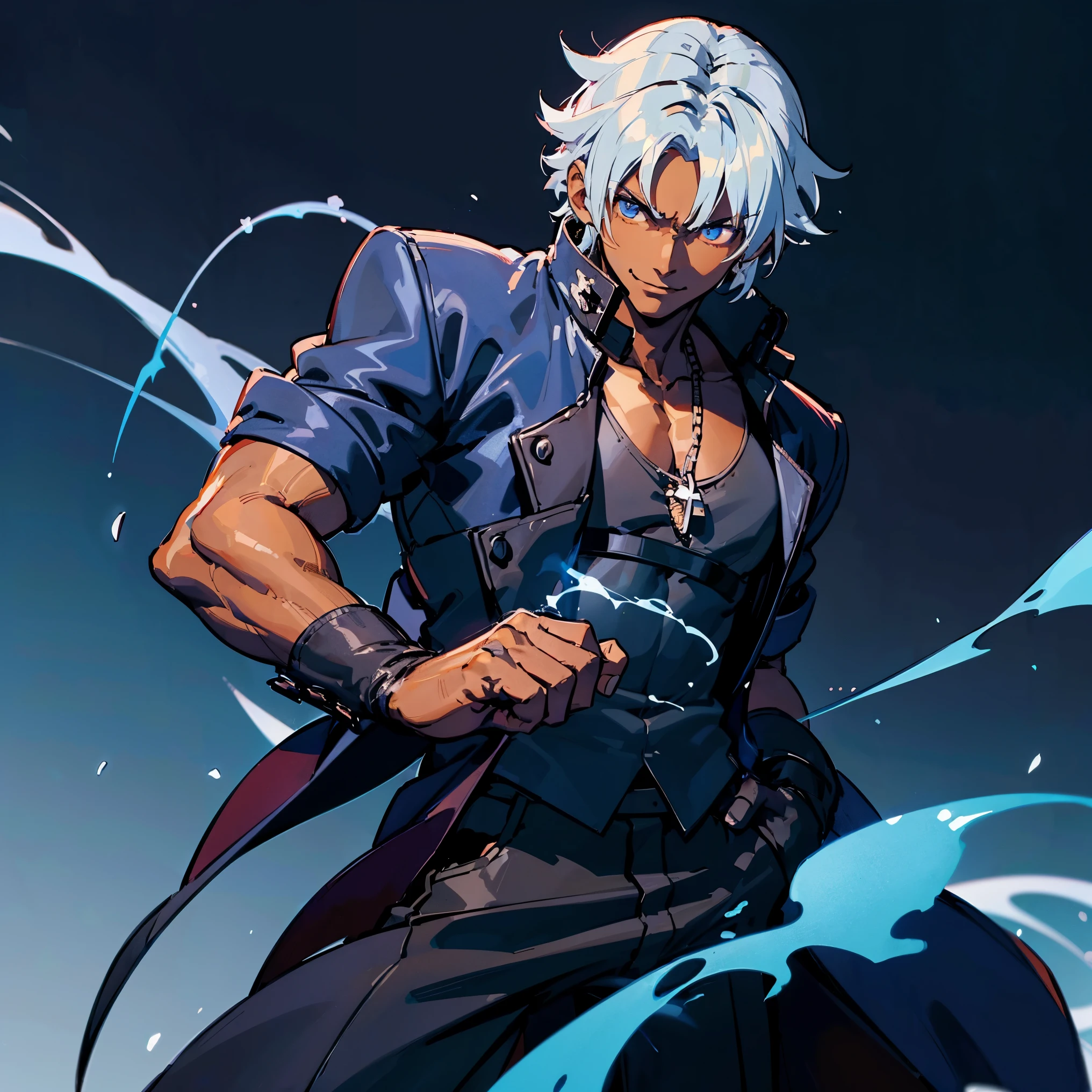 A Dark skinned young anime man, side swept silver hair, fiery light blue eyes, producing blue fire out of his fist, wearing a blue combat trench coat over a black tank top with black slacks and a chain on the hip, steel necklace with a blue dragon pendant around his neck, with sleeves rolled up to his elbows and a cocky smile