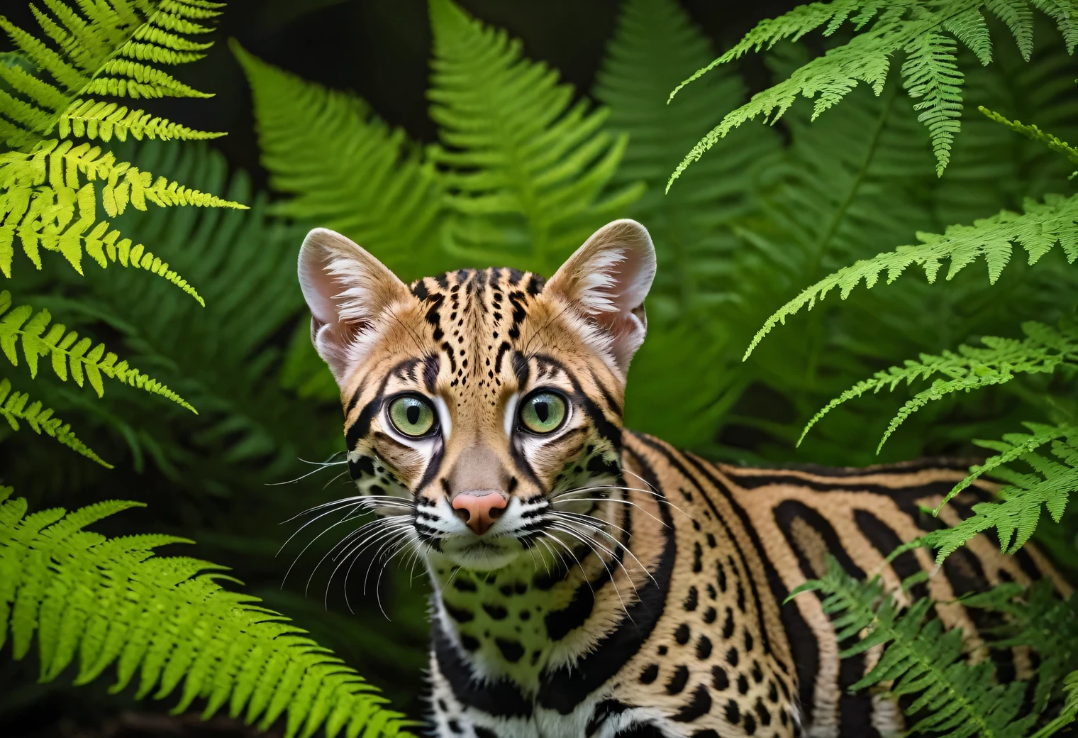 Detailed wildlife photo, in a dark forest, an Ocelot (Leopardus pardalis) sneaks very low under the branches of a fern and closely watches a green fly, the photo clearly shows an Ocelot (Leopardus pardalis) and its entire body, full body, Canon EOS R5 with a Canon RF 100-500mm F4.5-7.1L IS USM lens, 400 mm, 1/100 sec., f/7.1 and ISO 300