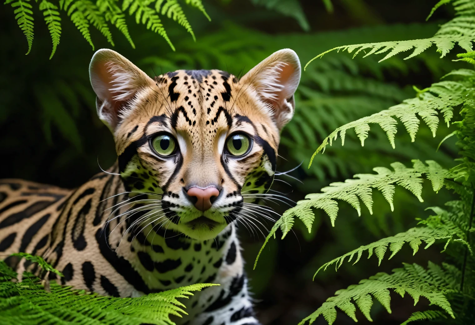 Detailed wildlife photo, in a dark forest, an Ocelot (Leopardus pardalis) sneaks very low under the branches of a fern and closely watches a green fly, the photo clearly shows an Ocelot (Leopardus pardalis) and its entire body, full body, Canon EOS R5 with a Canon RF 100-500mm F4.5-7.1L IS USM lens, 400 mm, 1/100 sec., f/7.1 and ISO 300