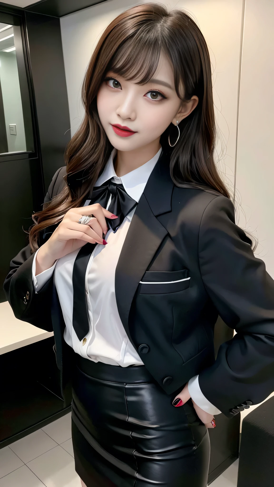 best quality、ultra-detailed、4k、Japanese、Seductive beauty、seductive adult woman、Pretty Woman、cool girl、Villainess、Brainwashed、brainwash、Fallen into evil、smirk、Evil look、Wicked Smile、evil、Brown hair、wavy hair、swept bangs、dark makeup、dark makeup、piercing eyes、hollow eyes,half-closed eyes、Hollow Eyes、purple Eyeshadow、black lipstick、black lipglos、office staff suit、suit、Jacket、White Shirt、Black Ribbon、Tight Skirt、pantyhose、night、inside darkroom、Applying lipstick、Emblem of Evil、Crest of Darkness、Swear allegiance、I have pledged my allegiance、Dye black、Blackening、Stained with evil、Dyed in darkness、Seduce