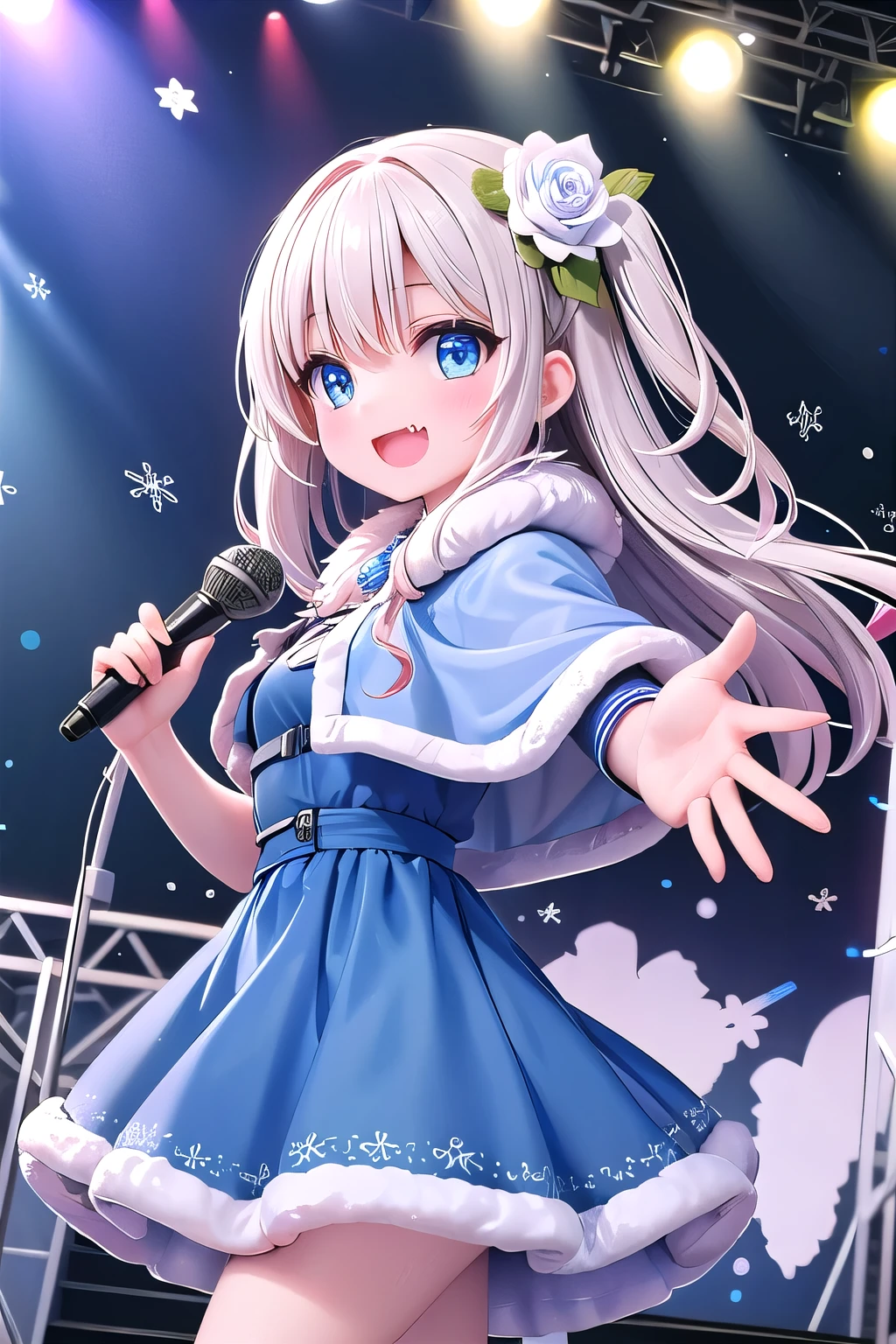 girl,audience,blue capelet,blue dress,blue eyes,capelet,catwalk (walkway),dot nose,dress,dutch angle,fang,film grain,flower,from side,fur-trimmed capelet,fur-trimmed dress,fur trim,glowstick,hair down,hair flower,hair ornament,holding,holding microphone,idol,idol clothes,lens flare,long hair,looking at viewer,microphone,open mouth,outstretched arm,rose,smile,snowflakes,solo,sparkle,stage,stage lights,star (symbol),white flower,white rose ,