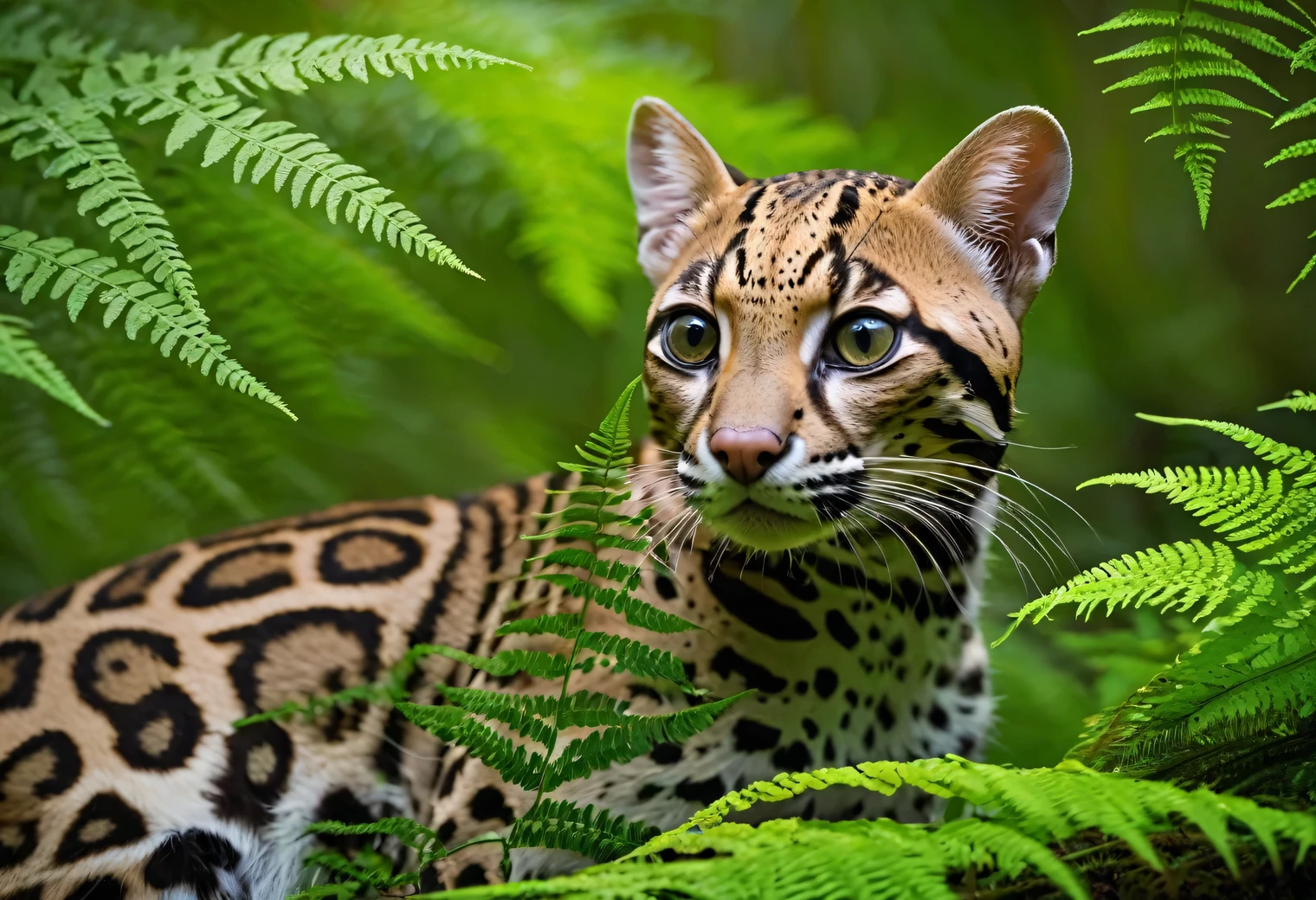 Detailed wildlife photo, in a dark forest, an Ocelot (Leopardus pardalis) sneaks very low under the branches of a fern and closely watches a green fly, the photo clearly shows an Ocelot (Leopardus pardalis) and its entire body, ((full body an Ocelot)), Canon EOS R5 with a Canon RF 100-500mm F4.5-7.1L IS USM lens, 100 mm, 1/24 sec., f/5, ISO 100