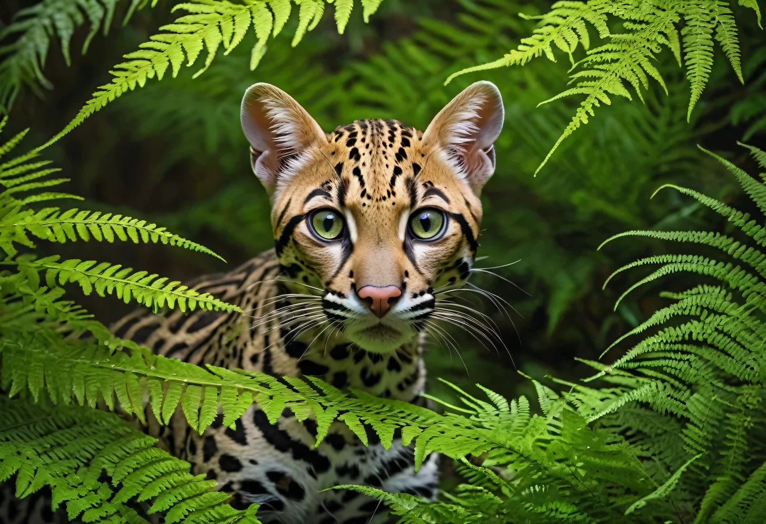 Detailed wildlife photo, in a dark forest, an Ocelot (Leopardus pardalis) sneaks very low under the branches of a fern and closely watches a green fly, the photo clearly shows an Ocelot (Leopardus pardalis) and its entire body, ((full body an Ocelot)), Canon EOS R5 with a Canon RF 100-500mm F4.5-7.1L IS USM lens, 100 mm, 1/24 sec., f/5, ISO 100