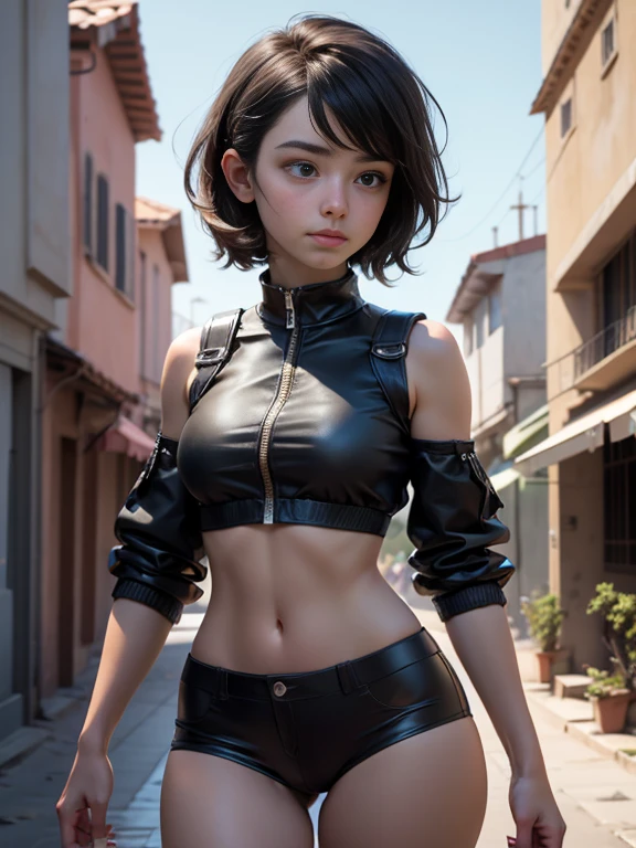 young biatonamite、short hair、black hair、((Super Skinny:1.2))、((flat chest:1.4))、((small body:1.2))、thin legs、((thin thighs))、((independent thighs) ))、walking down the street、leather crop top、leather micro skirt、combat boots、Emo makeup