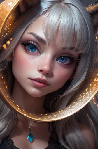 close-up, high-quality prompt of a chibi werewolf girl with spirals in the background. The focus should be on the girl's detailed and cute facial features, including her eyes, nose, and lips. The image should have a vibrant and high-resolution appearance, with ultra-detailed features and a realistic, photorealistic style. The color tone should be vivid, with professional studio lighting to enhance the overall effect. The spirals in the background should be eye-catching and well-defined, adding depth to the composition.