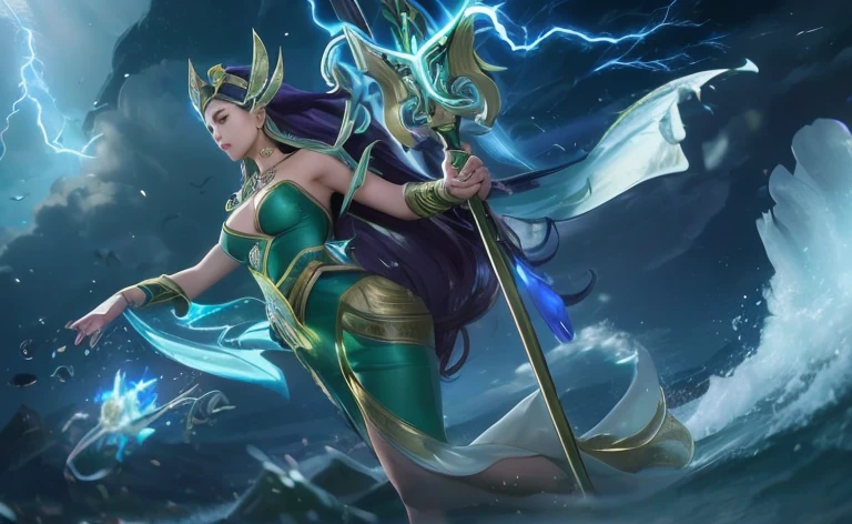 female with black hair, green and gold dress, golden crown, holding trident, electric aura
