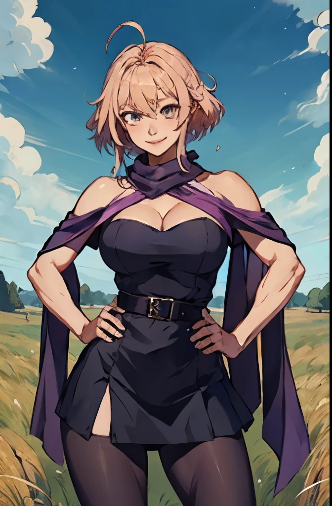 masterpiece,highest quality,Extremely detailed,8k, female, alone, 長いhair, chest, View Viewer, smile, 青いeye, large chest, muscle,  dress, Exposing shoulders, eye, hair, Ahoge, pantyhose, belt, Off the shoulder, scarf, Hands on hips, Clothing cutouts,  dress, Too short miniskirt, wrestling outfit, shawl, off-shoulder dress, Shoulder cutouts, aura, hairを後ろになでつけた, huge Ahoge, hagoromo, Single Hair Intake, in Deep Grassland,