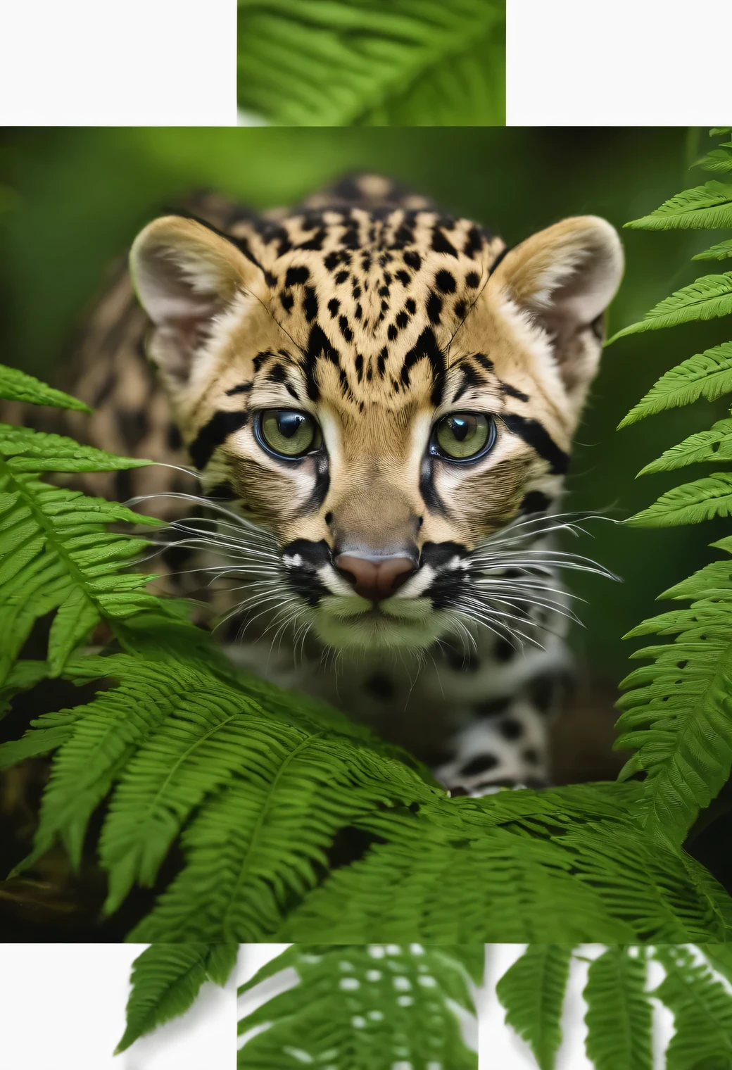 Detailed wildlife photo, in a dark forest, an Ocelot (Leopardus pardalis) sneaks very low under the branches of a fern and closely watches a green fly, the photo clearly shows an Ocelot (Leopardus pardalis) and its entire body, ((full body an Ocelot)), Canon EOS R5 with a Canon RF 100-500mm F4.5-7.1L IS USM lens, 100 mm, 1/24 sec., f/5, ISO 100