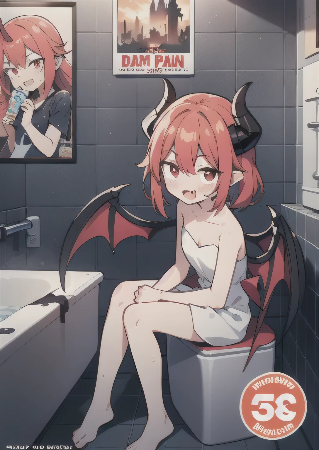 8K, 1girl, it, teeawaii vampire, red hair, red eyes, bat wings, smile, (blush), (shy), fang, looking at viewer, shower, dynamic angle, wind, (movie poster), game cg, fantastic scenery, demon tail, black horns,  naked, bathroom , tub, bubbles bath