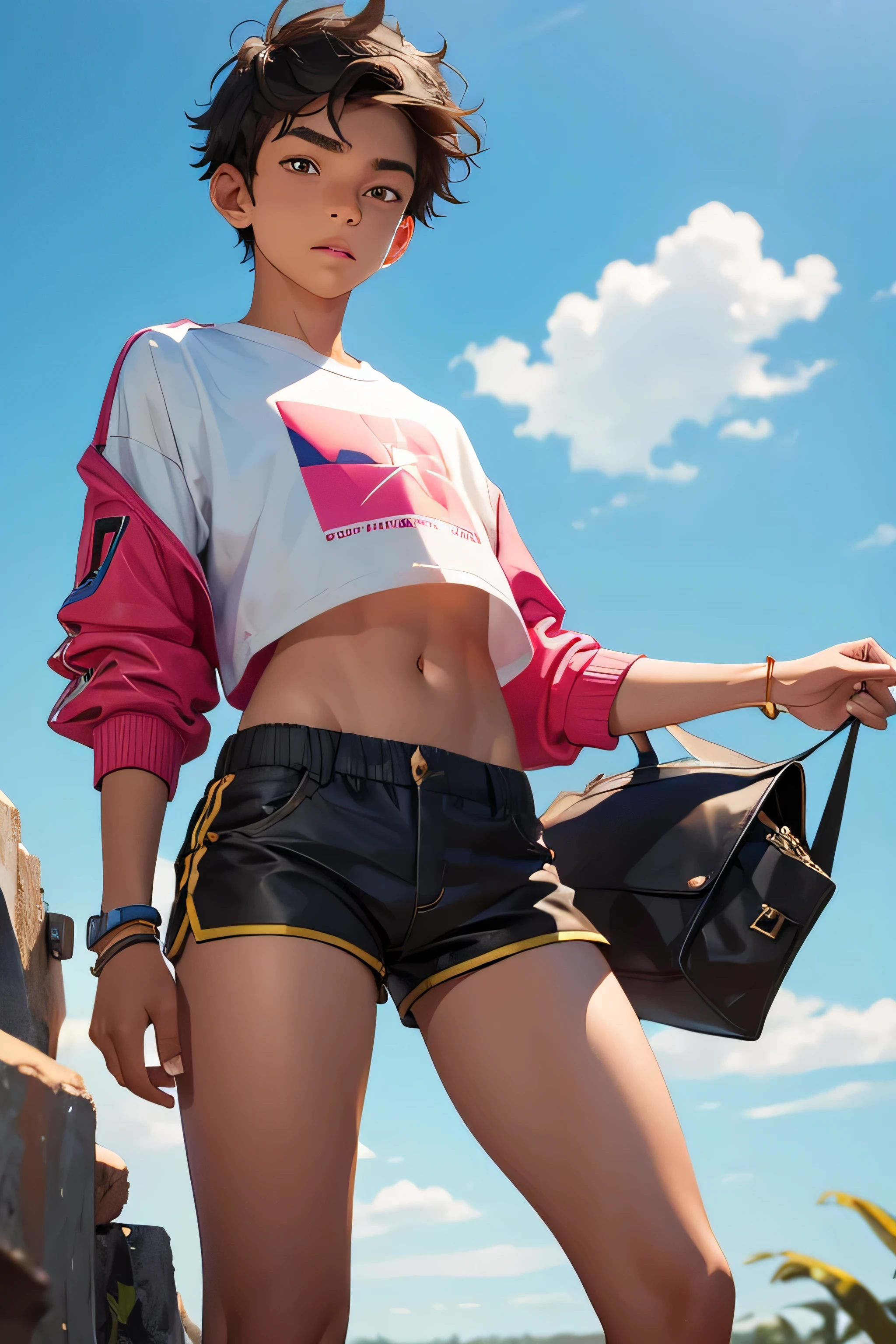 Teen boy 14 years old, boy wears a crop top and too very short shorts,