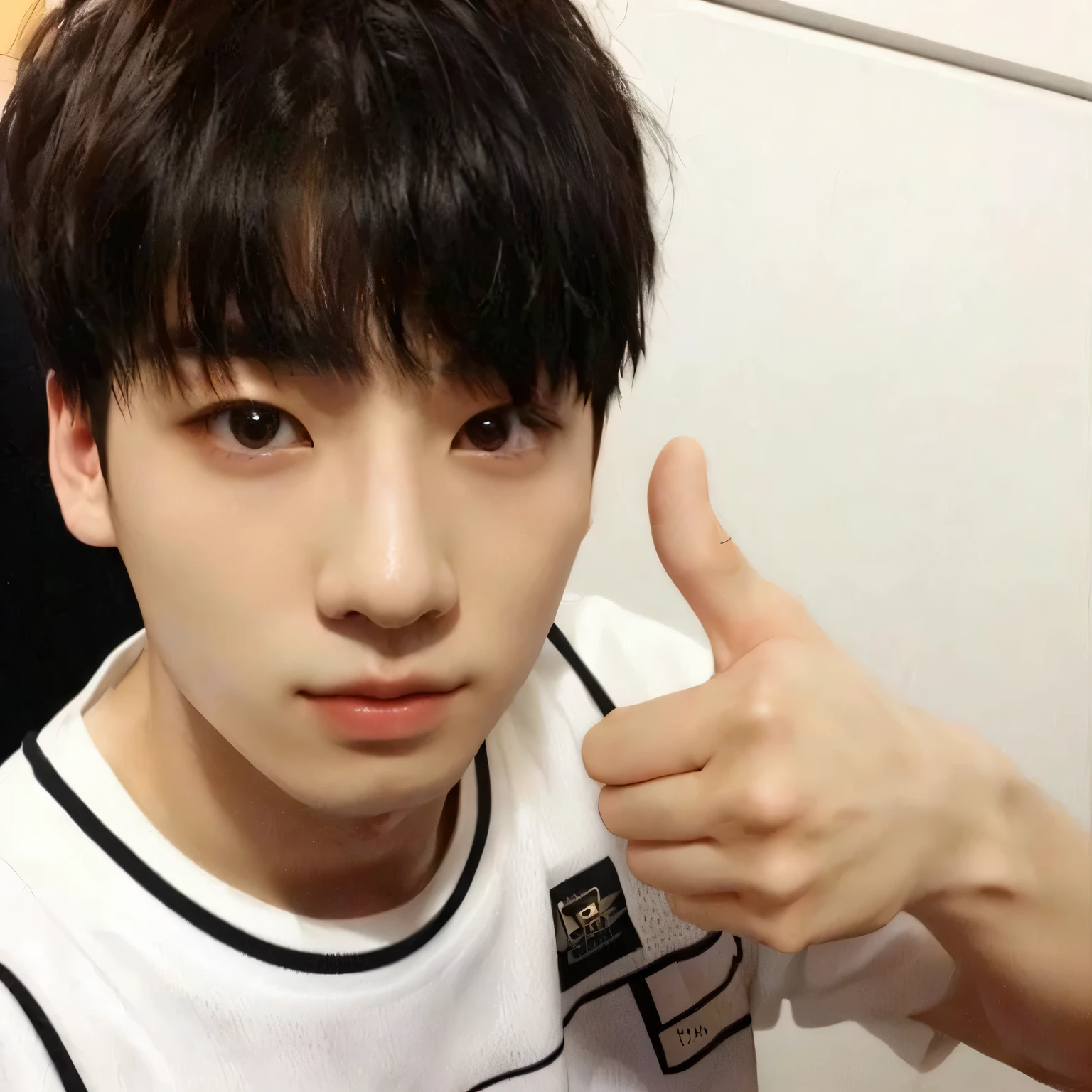 there is a young man in a white shirt giving a thumbs up, Jungkook, Jinyoung Shin, hyung tae, Cai Xukun, adorable and pale korean face, dez lee, Kim Doyoung, taejune kim, Inspirado por Bian Shoumin, Hong junho hyung, Shin Jeongho, inspirado em Kun Can, com dedo indicador, young pale angel, sakimimichan