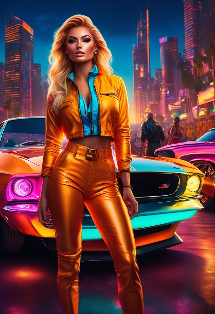 A young woman wearing (tight, fitted, snug) high cut booty shorts and cropped shirts stands between two (powerful, sleek) Muscle Cars to start a race, engine roaring, in the backdrop of a vibrant Sunset. (Best quality, 4k, highres, masterpiece:1.2), ultra-detailed, (realistic, photorealistic, photo-realistic:1.37) prompt, with (HDR, UHD) quality and (studio lighting, sharp focus), high ponytail, copper-blonde hair, large breasts, bright light, perfect eyes, skin blemish, detailed skin, full person, blacklight makeup,ambr1
