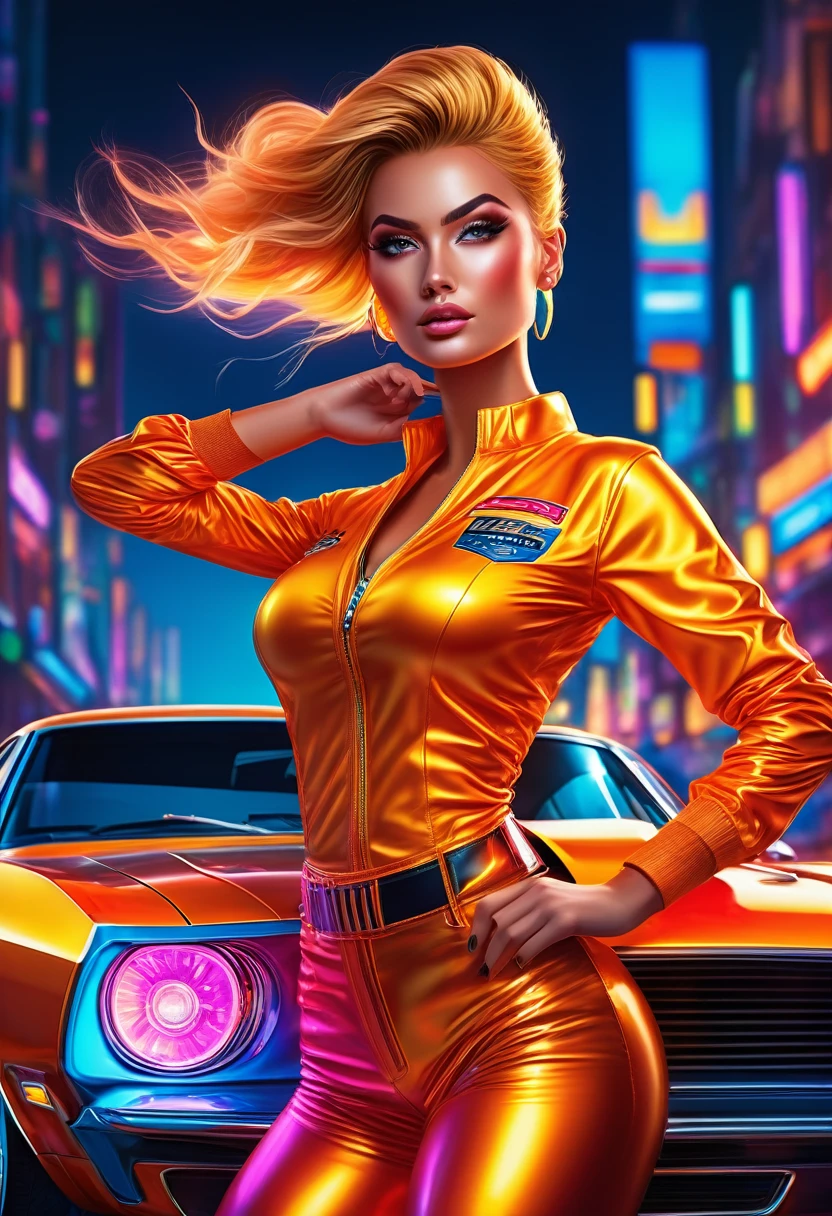 A young woman wearing (tight, fitted, snug) high cut booty shorts and cropped shirts stands between two (powerful, sleek) Muscle Cars to start a race, engine roaring, in the backdrop of a vibrant Sunset. (Best quality, 4k, highres, masterpiece:1.2), ultra-detailed, (realistic, photorealistic, photo-realistic:1.37) prompt, with (HDR, UHD) quality and (studio lighting, sharp focus), high ponytail, copper-blonde hair, large breasts, bright light, perfect eyes, skin blemish, detailed skin, full person, blacklight makeup,ambr1
