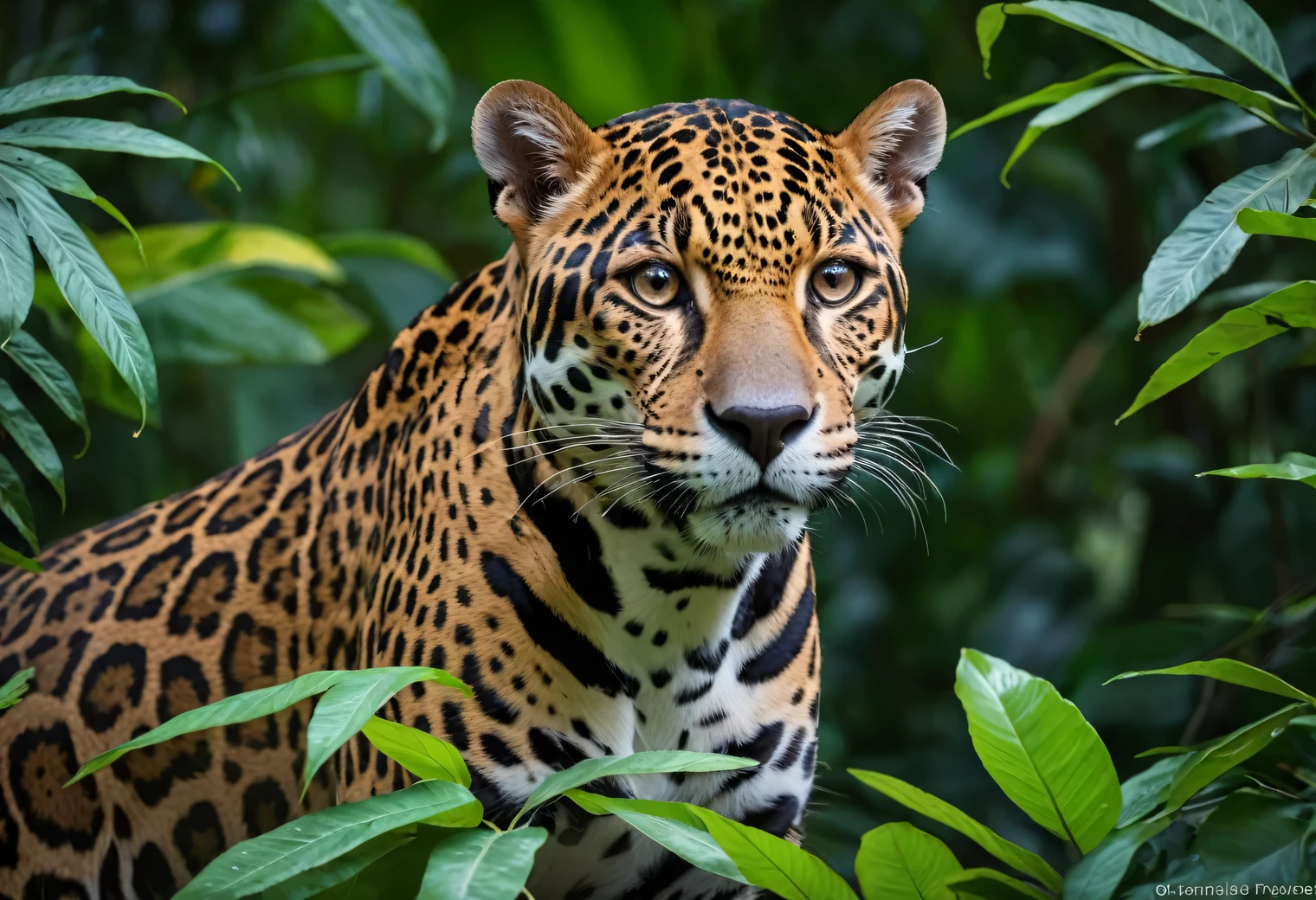 The photo was taken by Canon EOS R5 with a Canon RF 100-500mm F4.5-7.1L IS USM lens and parameters 500 mm, 1/1250 sec., f/7.1, ISO 5000, in the dark thicket of the Amazon jungle, a jaguar sneaks through the foliage of a shrub, the jaguar closely monitors invisible prey and sneaks up to it, the photo transmits the entire depth of the jungle volume and clearly shows the jaguar