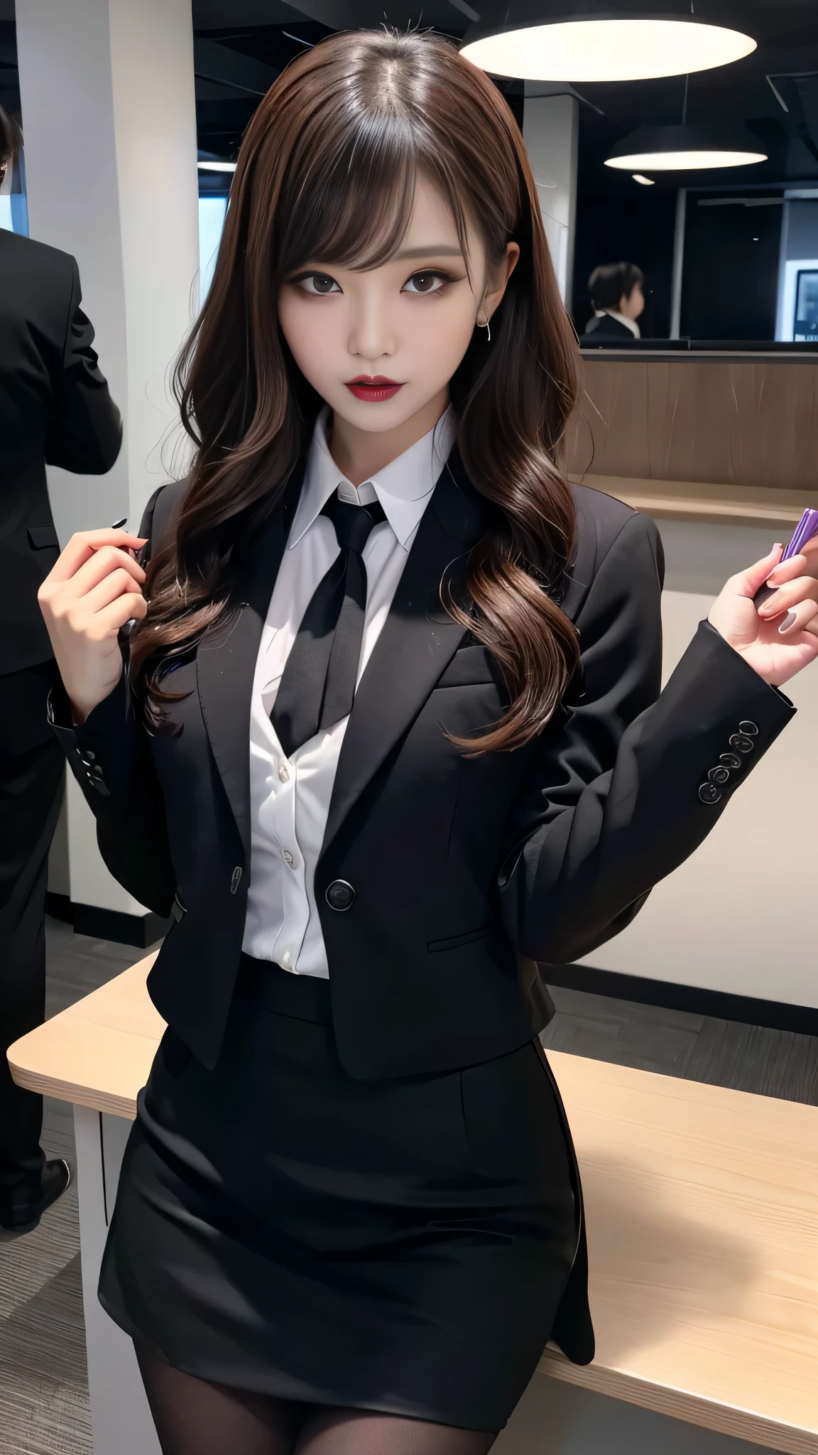 best quality、ultra-detailed、4k、Japanese、Seductive beauty、seductive adult woman、Pretty Woman、cool girl、Villainess、Brainwashed、brainwash、Fallen into evil、smirk、Evil look、Wicked Smile、evil、Brown hair、wavy hair、swept bangs、dark makeup、dark makeup、piercing eyes、hollow eyes,half-closed eyes、Hollow Eyes、purple Eyeshadow、black lipstick、black lipglos、office staff suit、suit、Jacket、White Shirt、Black Ribbon、Tight Skirt、pantyhose、night、inside darkroom、Applying lipstick、Emblem of Evil、Crest of Darkness、Swear allegiance、I have pledged my allegiance、Dye black、Blackening、Stained with evil、Dyed in darkness、Seduce