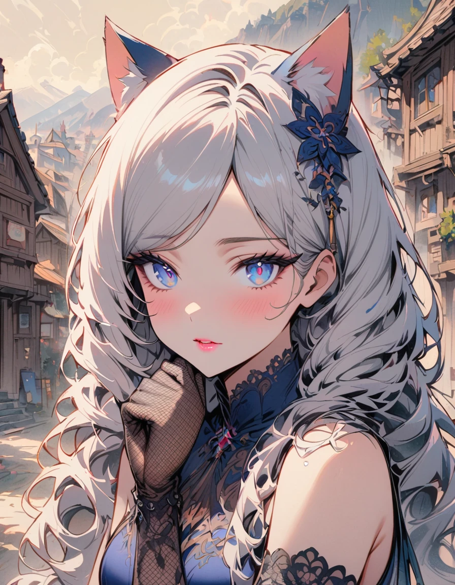 SFW, masterpeice, highres, 1 Girl, solo, standing, looking at the viewer, white long hair, cat ears, blue pupils, detailed eyes, detailed face, blushing, light pink lips, fishnet stockings, calm, intellectuals, three bangs, blue short dress, lace gloves, village, mountains in the background