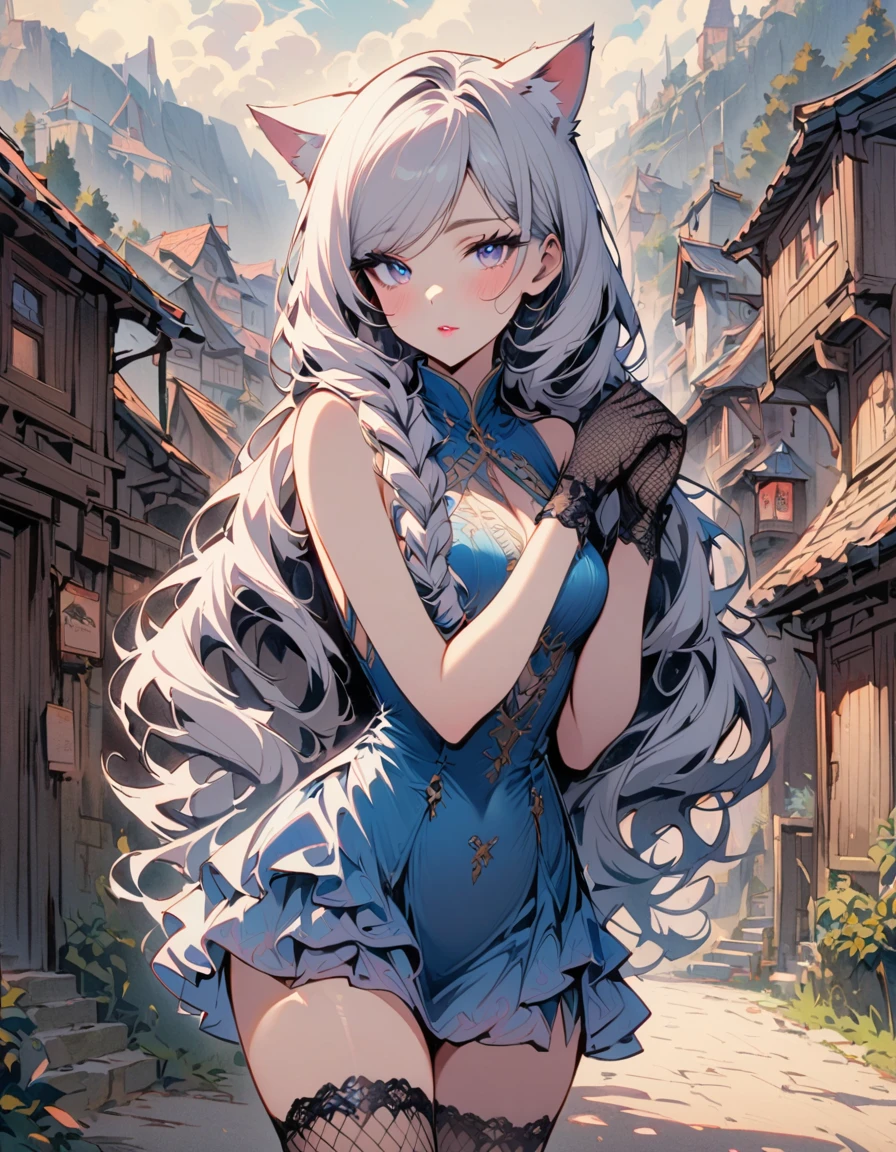 SFW, masterpeice, highres, 1 Girl, solo, standing, looking at the viewer, white long hair, cat ears, blue pupils, detailed eyes, detailed face, blushing, light pink lips, fishnet stockings, calm, intellectuals, three bangs, blue short dress, lace gloves, village, mountains in the background