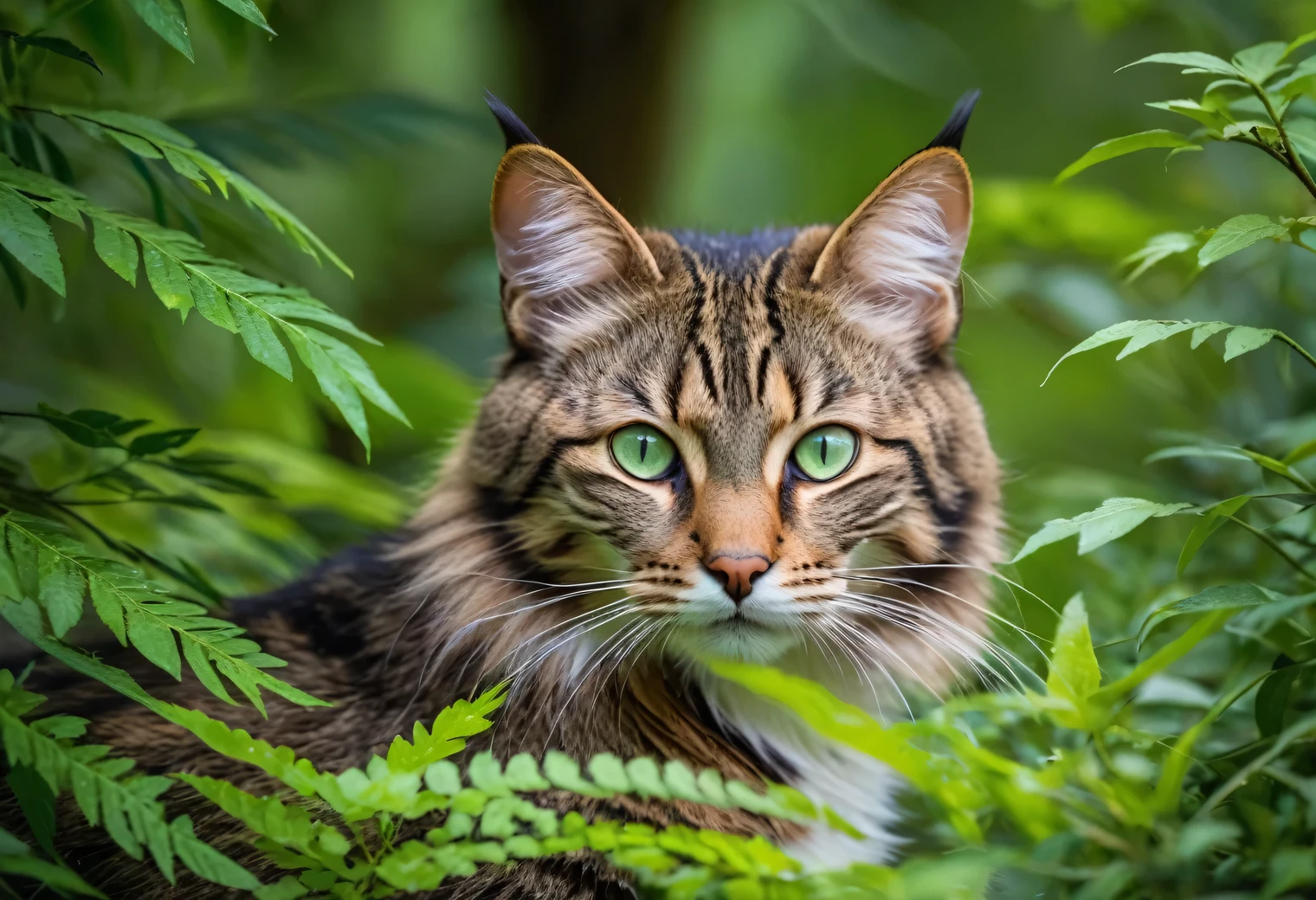 a detailed photograph of wildlife, a wild forest cat, a wild forest cat hides among the dense foliage, the body of a wild forest cat is hidden in dense foliage, only its head with expressive green eyes is visible, a wild forest cat closely follows the viewer with a slight squint of the eyes, the photo clearly shows the muzzle of a wild forest cat and its fur, Canon EOS R5 with Canon RF 100-500mm F4.5-7.1L IS USM lens, 500 mm, 1/500sec., f/7.1 and ISO 1000