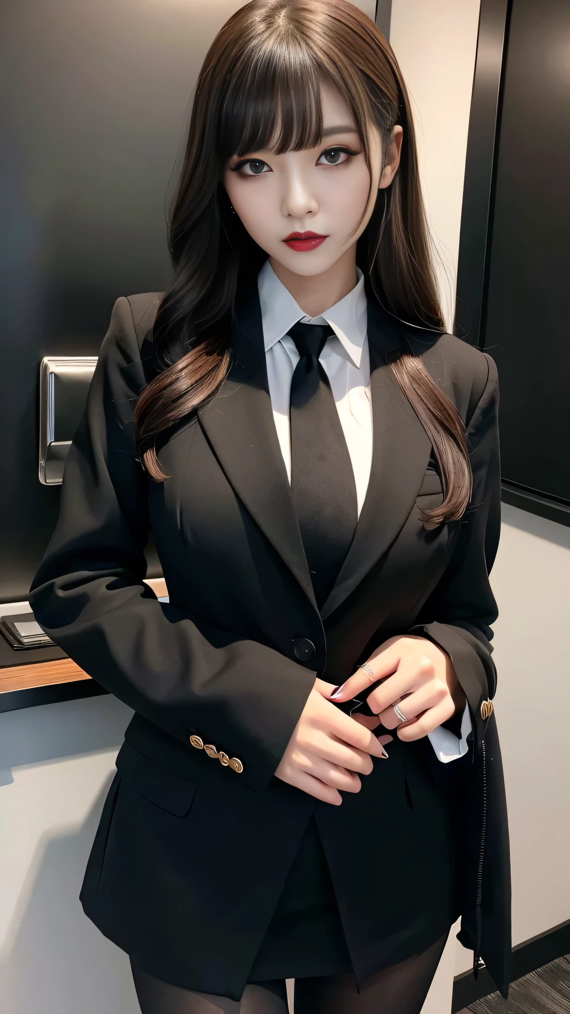 best quality、ultra-detailed、4k、Japanese、Seductive beauty、seductive adult woman、Pretty Woman、cool girl、Villainess、Brainwashed、brainwash、Fallen into evil、smirk、Evil look、Wicked Smile、evil、Brown hair、wavy hair、swept bangs、dark makeup、dark makeup、piercing eyes、hollow eyes,half-closed eyes、Hollow Eyes、purple Eyeshadow、black lipstick、black lipglos、office staff suit、suit、Jacket、White Shirt、Black Ribbon、Tight Skirt、pantyhose、night、inside darkroom、Applying lipstick、Emblem of Evil、Crest of Darkness、Swear allegiance、I have pledged my allegiance、Dye black、Blackening、Stained with evil、Dyed in darkness、Seduce
